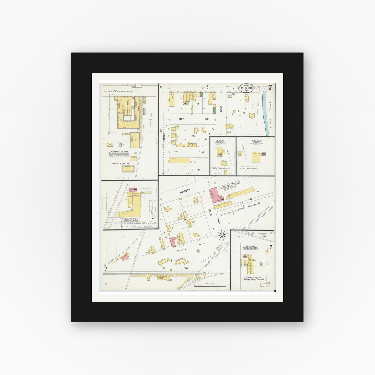 Old map wall art mockup — black gallery frame with white mat — Sanborn Fire Insurance Map from Auburn, De Kalb County, Indiana (1901), Sheet #0007