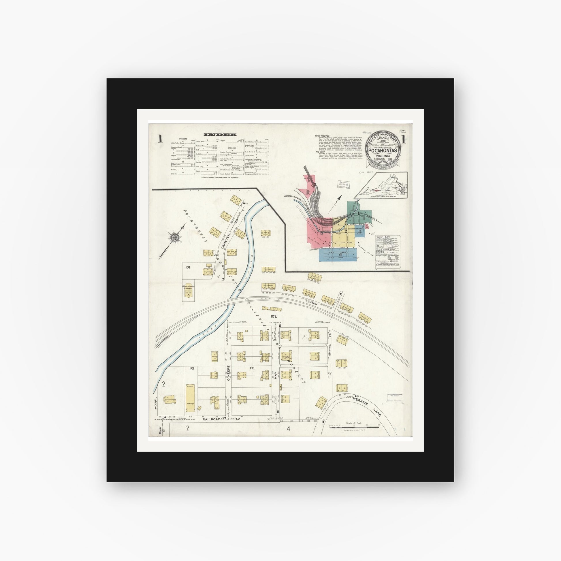 Old map wall art mockup — black gallery frame with white mat — Sanborn Fire Insurance Map from Pocahontas, Tazewell County, Virginia (1923) - Complete Map Set
