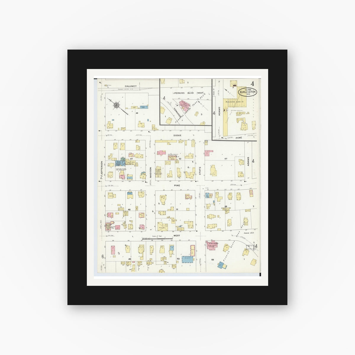 Old map wall art mockup — black gallery frame with white mat — Sanborn Fire Insurance Map from Burlington, Racine County, Wisconsin (1909), Sheet #0004
