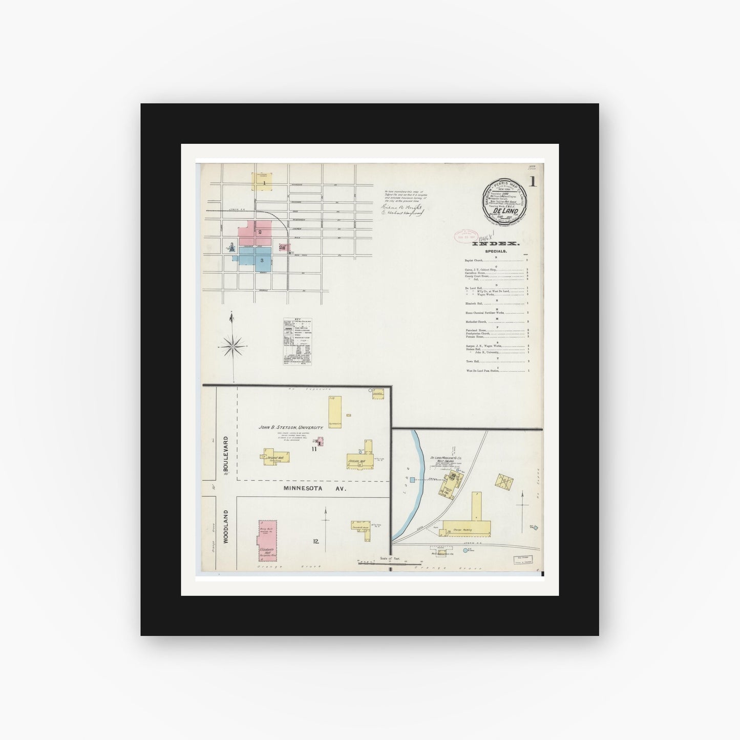 Old map wall art mockup — black gallery frame with white mat — Sanborn Fire Insurance Map from De Land, Volusia County, Florida (1892), Sheet #0001