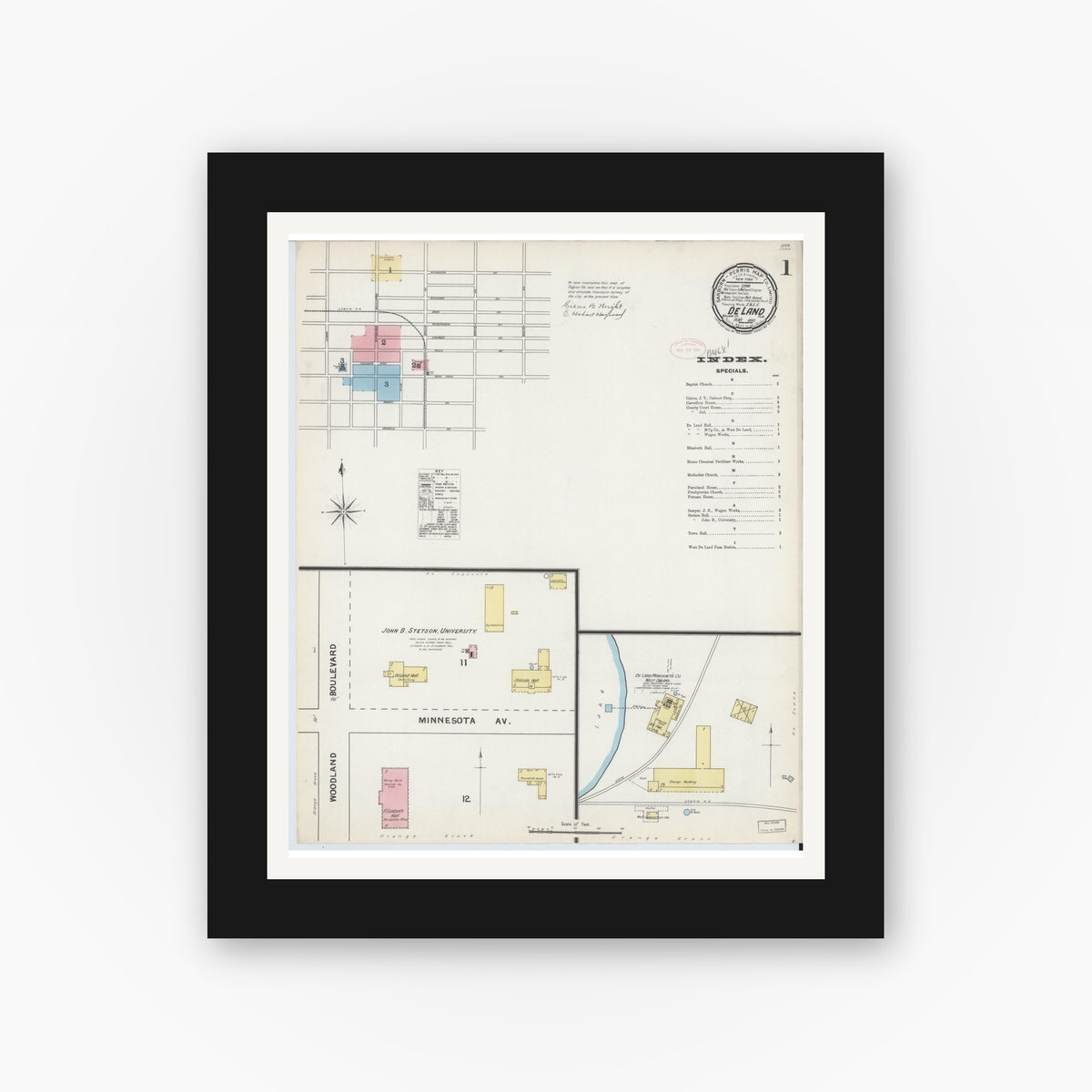 Old map wall art mockup — black gallery frame with white mat — Sanborn Fire Insurance Map from De Land, Volusia County, Florida (1892), Sheet #0001