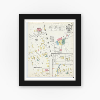 Old map wall art mockup — black gallery frame with white mat — Sanborn Fire Insurance Map from Geneva, Ashtabula County, Ohio (1893), Sheet #0001
