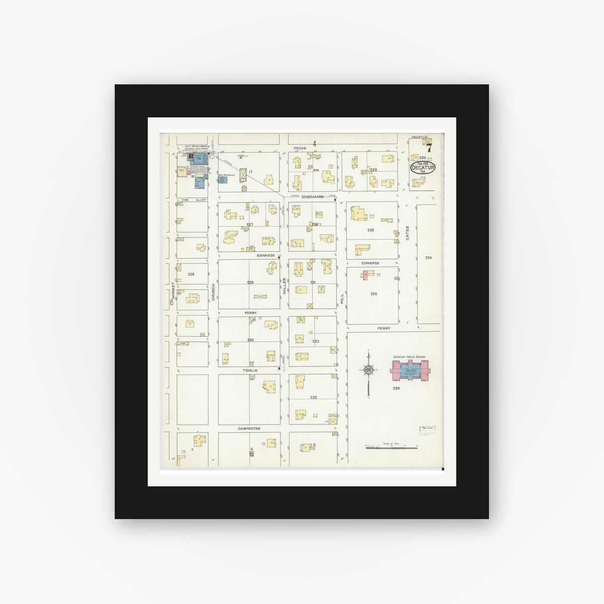 Old map wall art mockup — black gallery frame with white mat — Sanborn Fire Insurance Map from Decatur, Wise County, Texas (1914), Sheet #0007