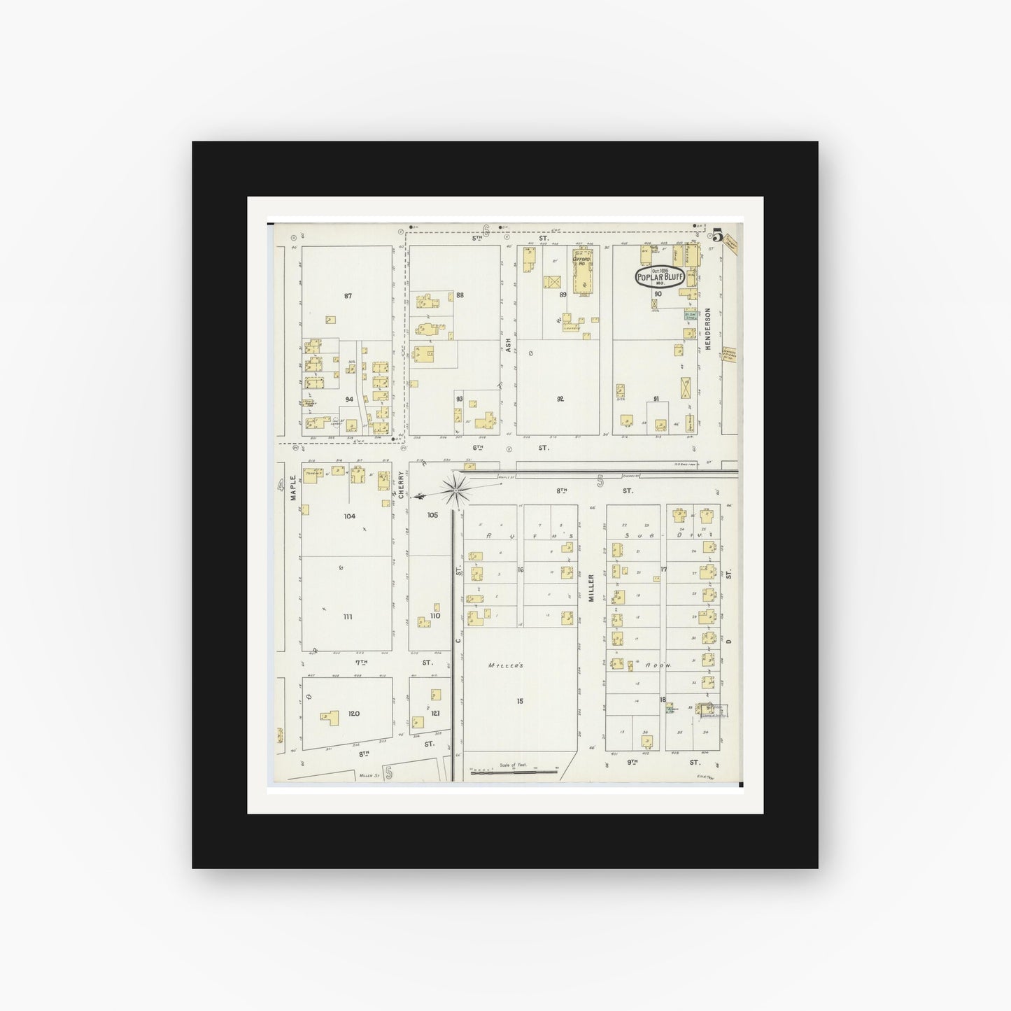 Old map wall art mockup — black gallery frame with white mat — Sanborn Fire Insurance Map from Poplar Bluff, Butler County, Missouri (1895), Sheet #0005