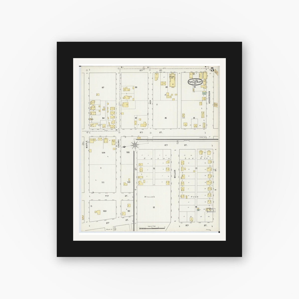 Old map wall art mockup — black gallery frame with white mat — Sanborn Fire Insurance Map from Poplar Bluff, Butler County, Missouri (1895), Sheet #0005