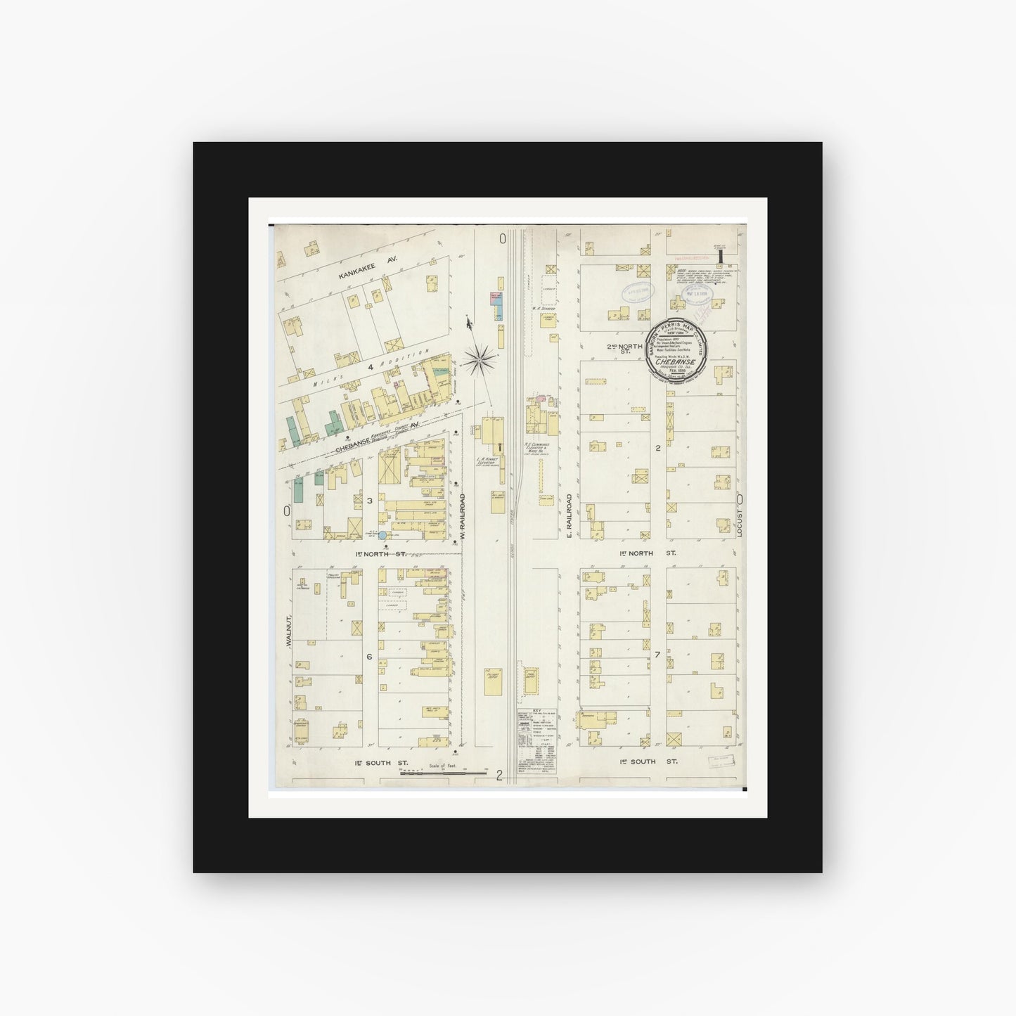 Old map wall art mockup — black gallery frame with white mat — Sanborn Fire Insurance Map from Chebanse, Iroquois And Kankakee County, Illinois (1898) - Complete Map Set