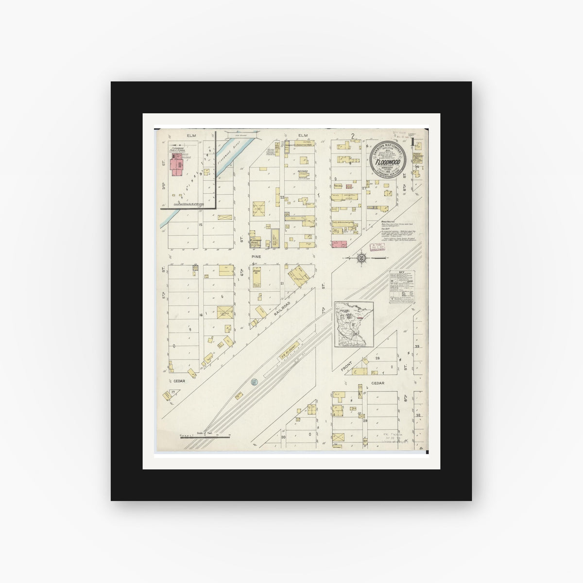Old map wall art mockup — black gallery frame with white mat — Sanborn Fire Insurance Map from Floodwood, Saint Louis County, Minnesota (1913) - Complete Map Set
