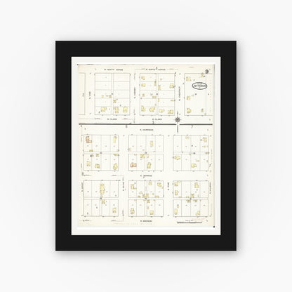 Old map wall art mockup — black gallery frame with white mat — Sanborn Fire Insurance Map from Jefferson, Greene County, Iowa (1915), Sheet #0009