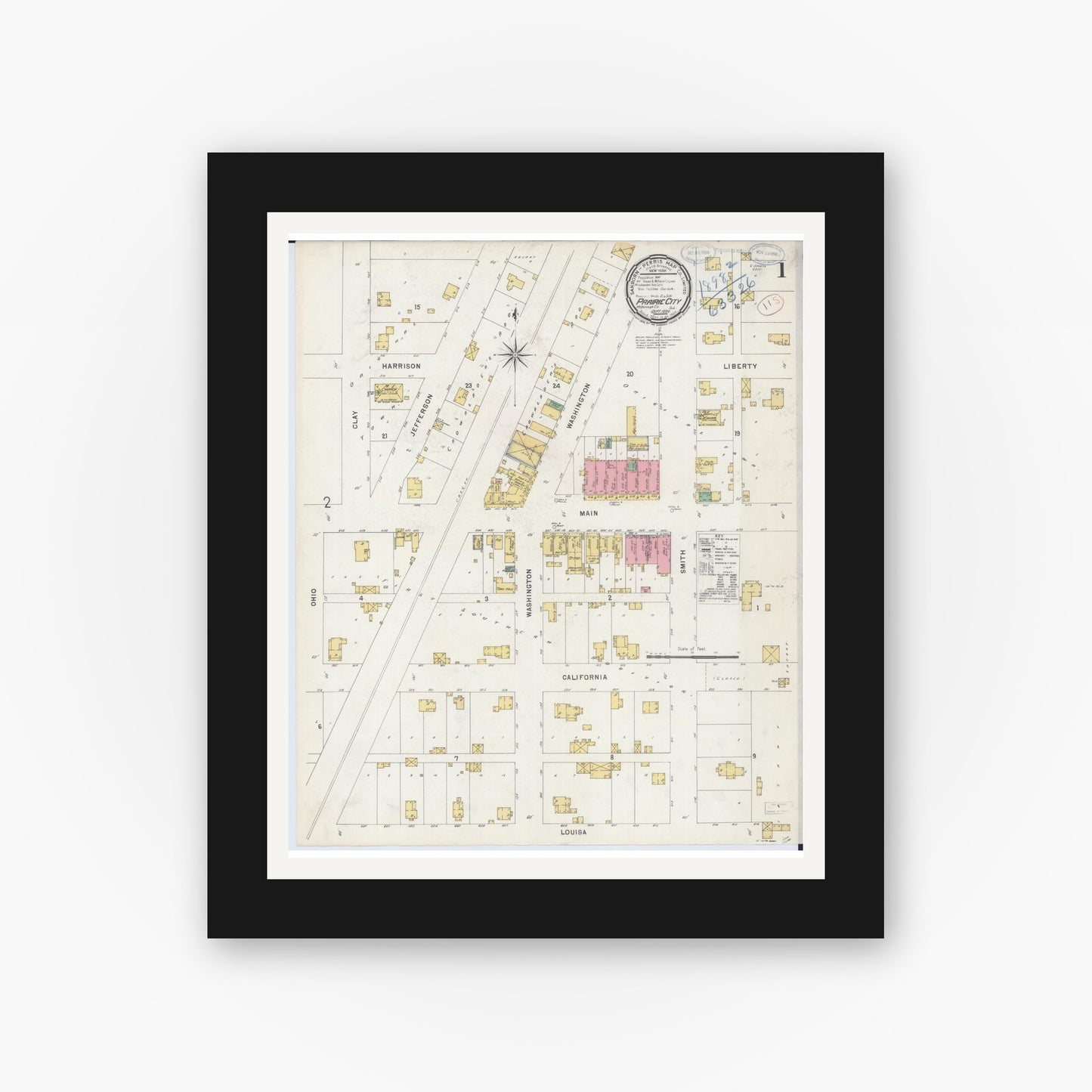 Old map wall art mockup — black gallery frame with white mat — Sanborn Fire Insurance Map from Prairie City, Mcdonough County, Illinois (1898), Sheet #0001