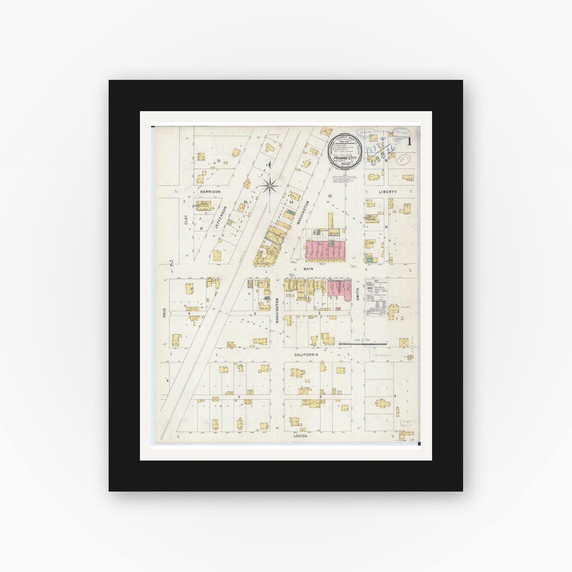 Old map wall art mockup — black gallery frame with white mat — Sanborn Fire Insurance Map from Prairie City, Mcdonough County, Illinois (1898), Sheet #0001
