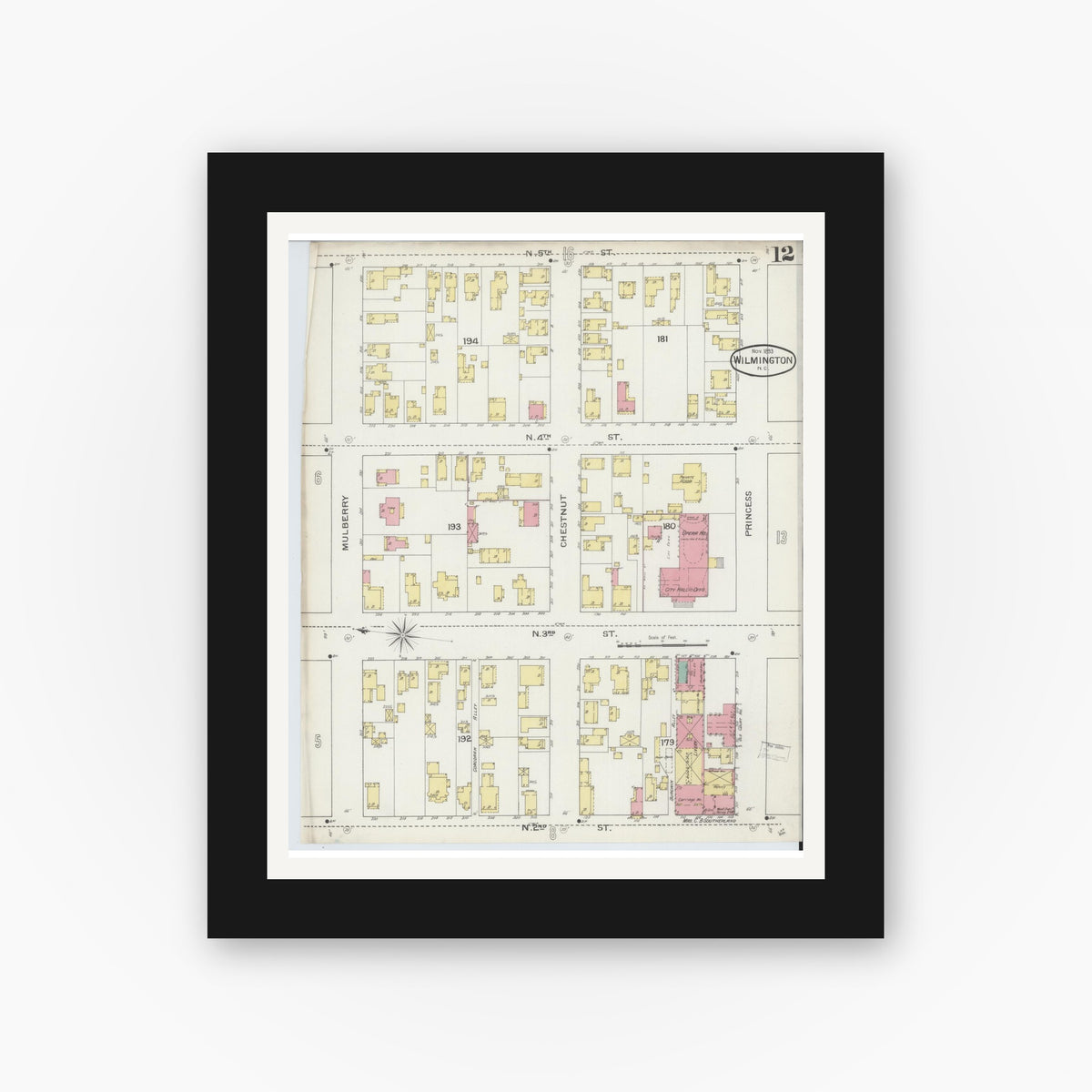 Old map wall art mockup — black gallery frame with white mat — Sanborn Fire Insurance Map from Wilmington, New Hanover County, North Carolina (1893), Sheet #0012