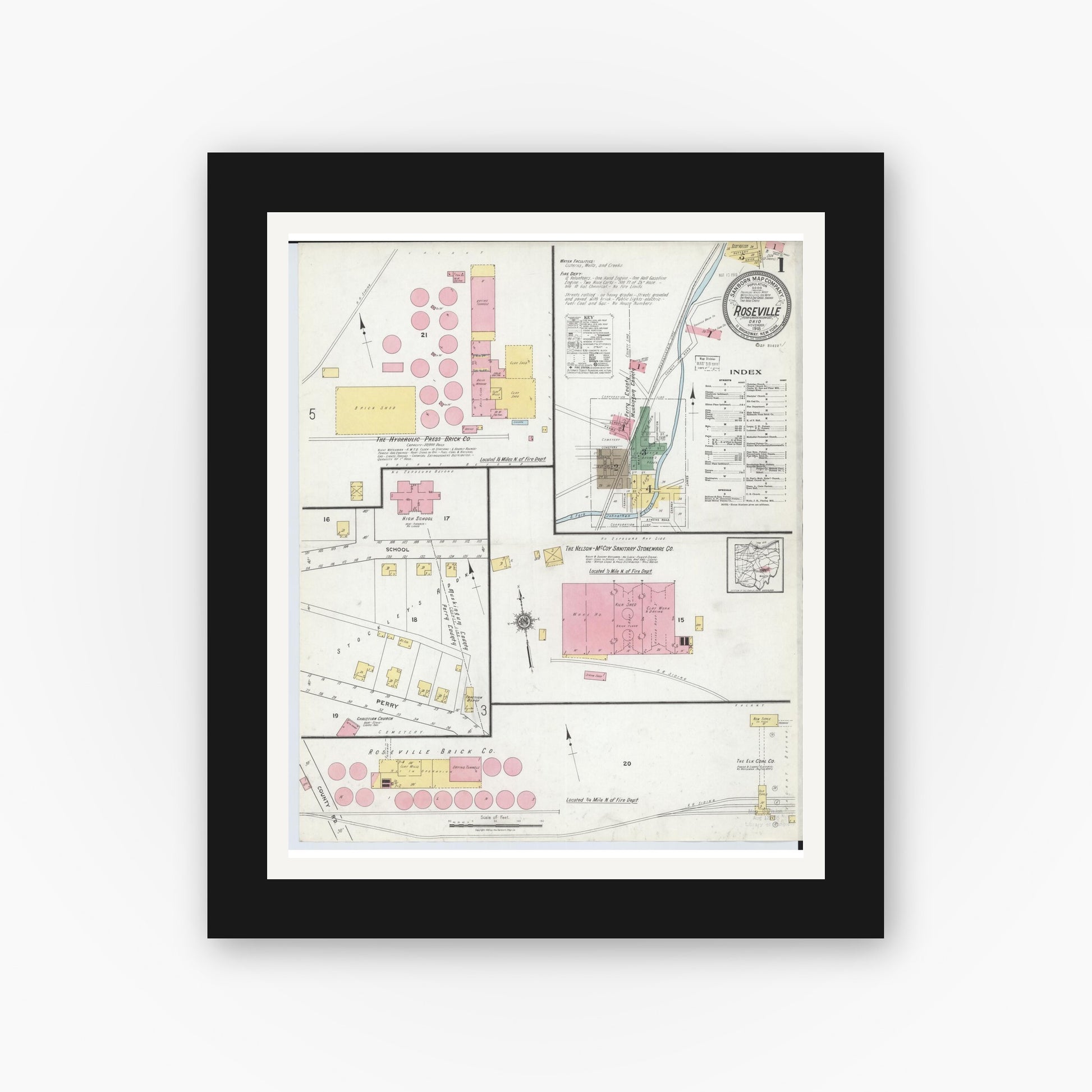 Old map wall art mockup — black gallery frame with white mat — Sanborn Fire Insurance Map from Roseville, Perry And Muskingum Counties, Ohio (1918) - Complete Map Set