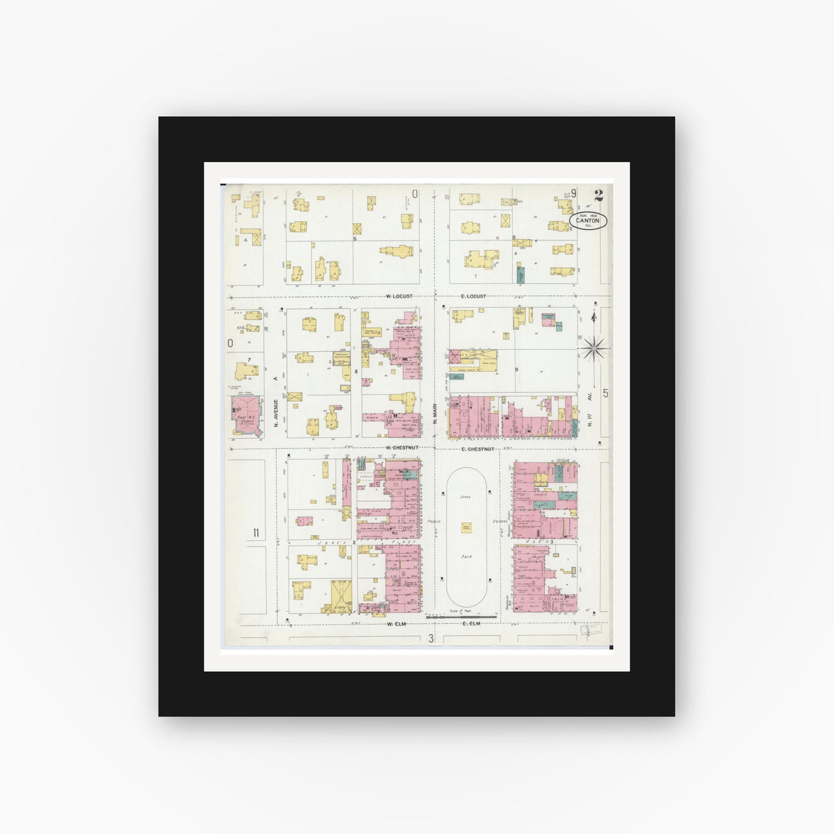 Old map wall art mockup — black gallery frame with white mat — Sanborn Fire Insurance Map from Canton, Fulton County, Illinois (1902), Sheet #0002