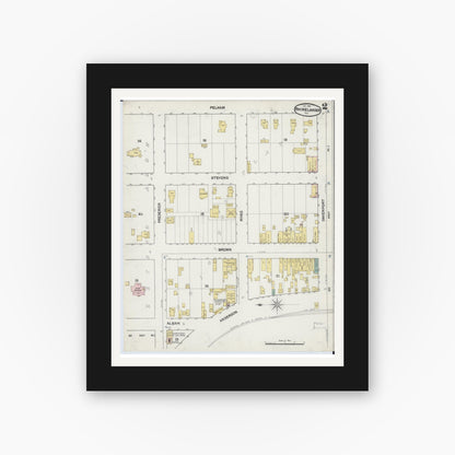 Old map wall art mockup — black gallery frame with white mat — Sanborn Fire Insurance Map from Rhinelander, Oneida County, Wisconsin (1889), Sheet #0002