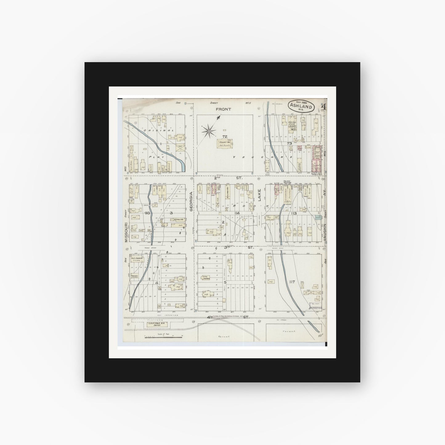 Old map wall art mockup — black gallery frame with white mat — Sanborn Fire Insurance Map from Ashland, Ashland County, Wisconsin (1886), Sheet #0004