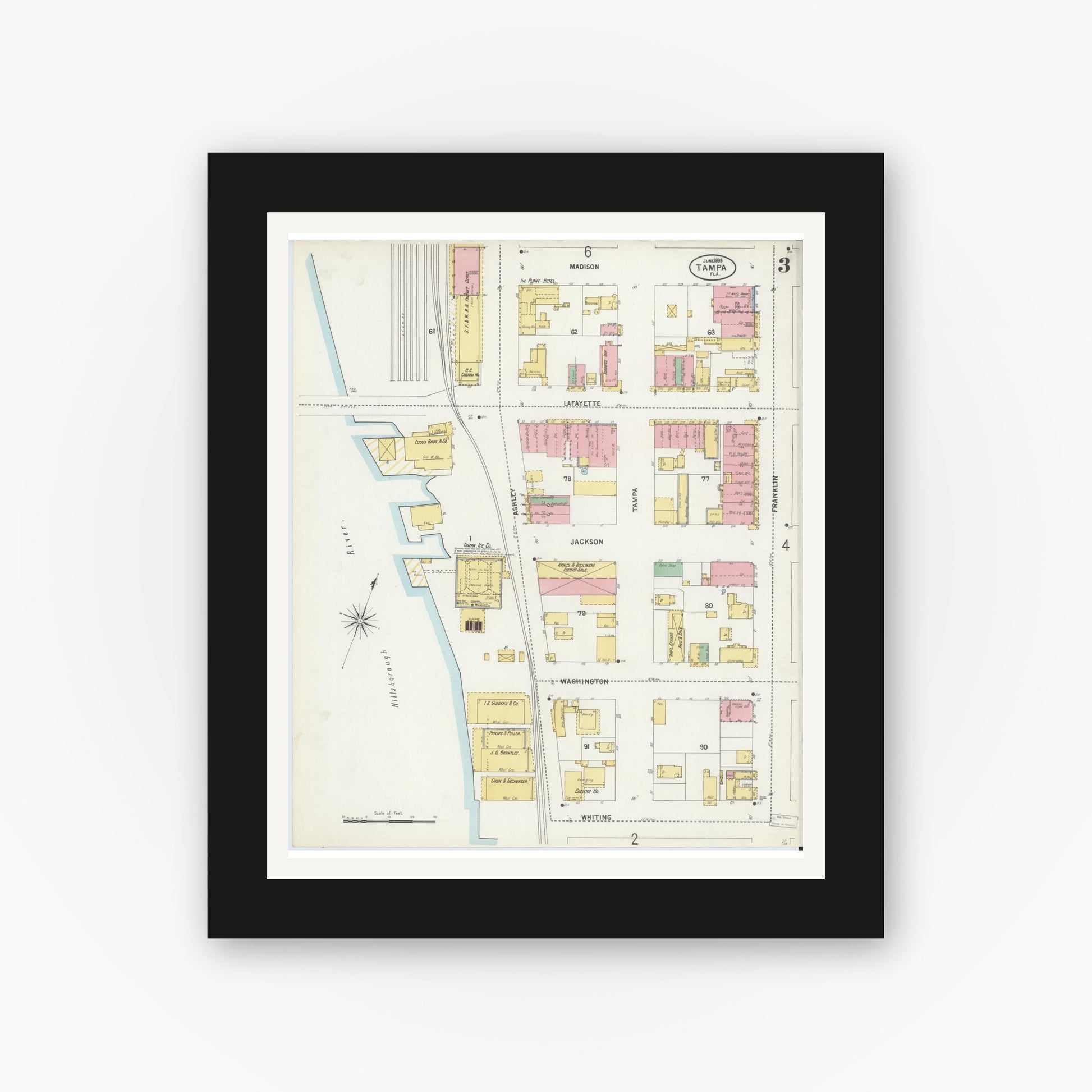 Old map wall art mockup — black gallery frame with white mat — Sanborn Fire Insurance Map from Tampa, Hillsborough County, Florida (1899), Sheet #0003