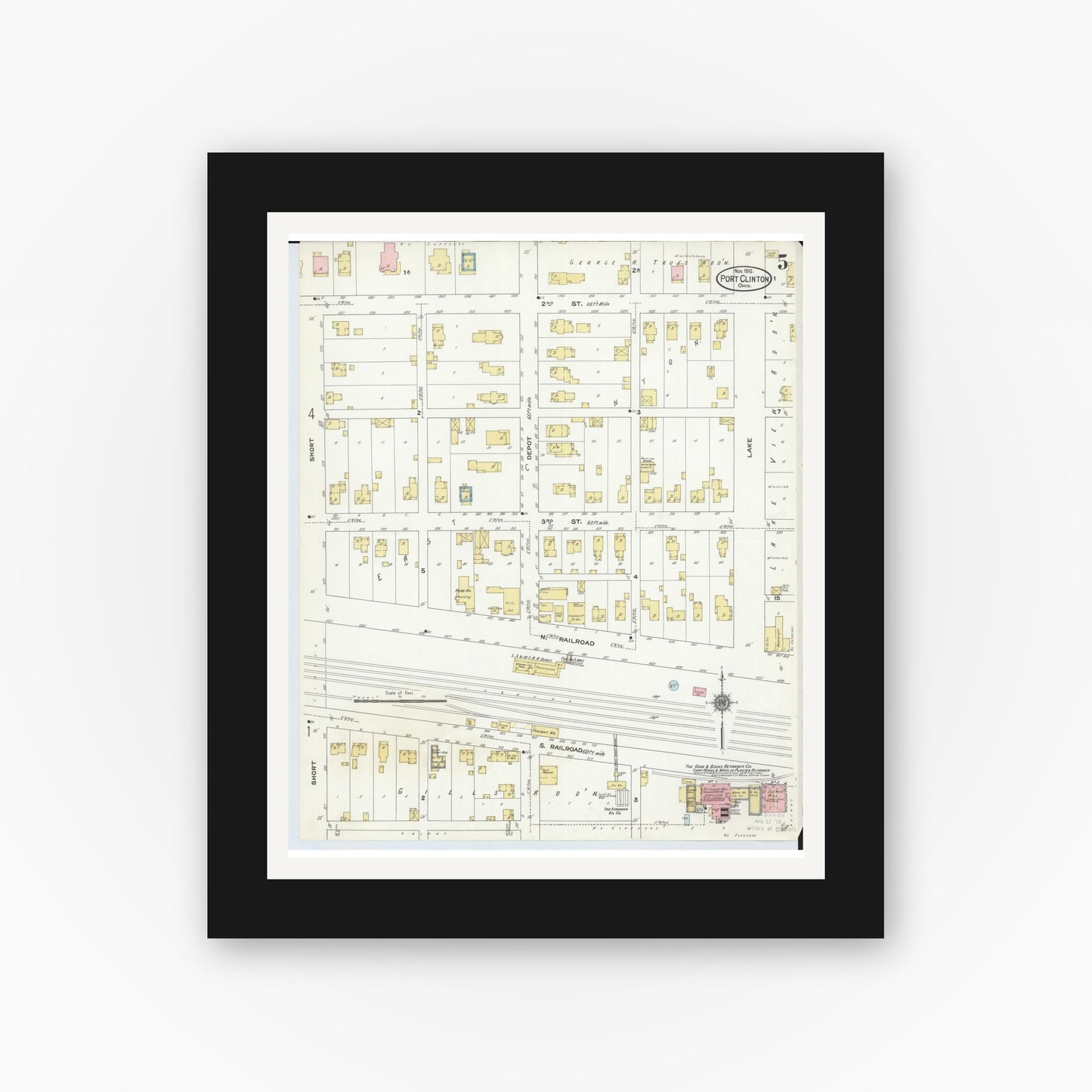 Old map wall art mockup — black gallery frame with white mat — Sanborn Fire Insurance Map from Port Clinton, Ottawa County, Ohio (1910), Sheet #0005