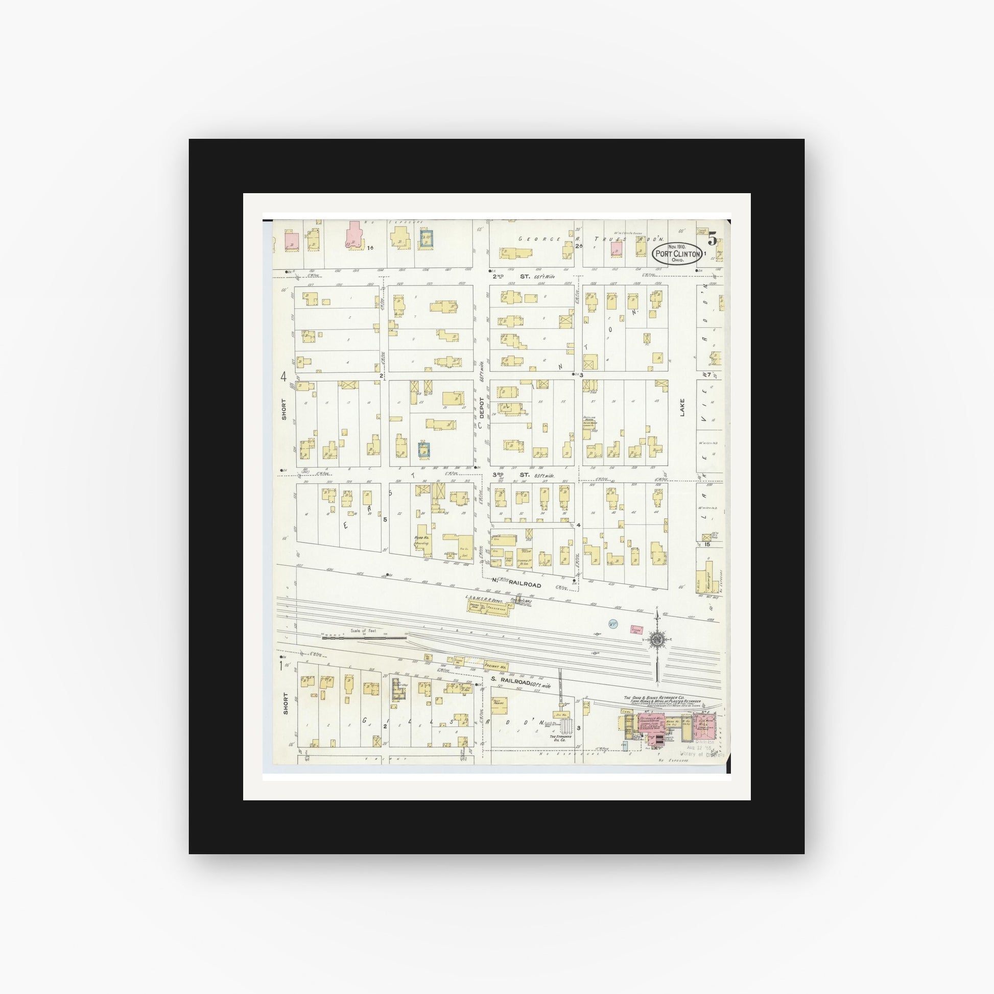 Old map wall art mockup — black gallery frame with white mat — Sanborn Fire Insurance Map from Port Clinton, Ottawa County, Ohio (1910), Sheet #0005