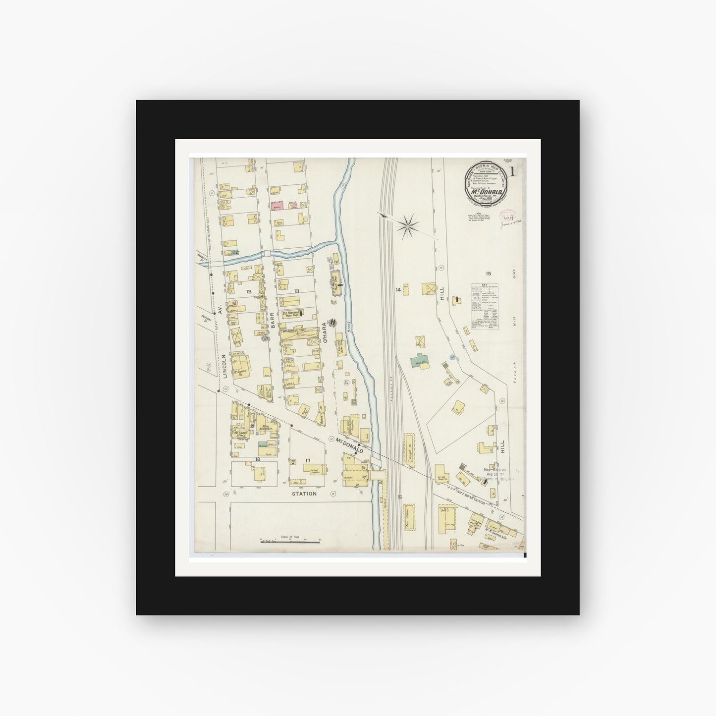 Old map wall art mockup — black gallery frame with white mat — Sanborn Fire Insurance Map from McDonald, Washington County, Pennsylvania (1894) - Complete Map Set