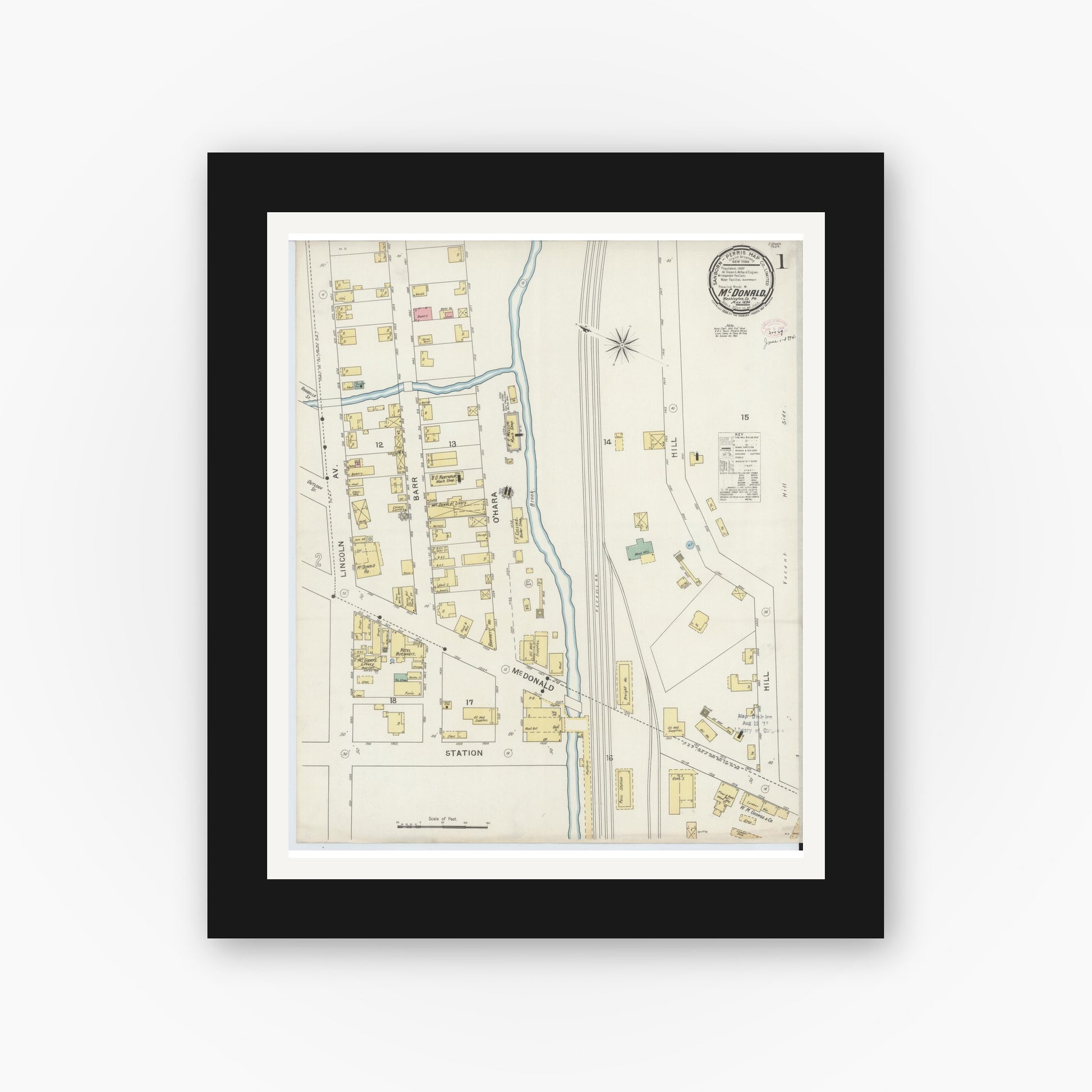 Old map wall art mockup — black gallery frame with white mat — Sanborn Fire Insurance Map from McDonald, Washington County, Pennsylvania (1894) - Complete Map Set