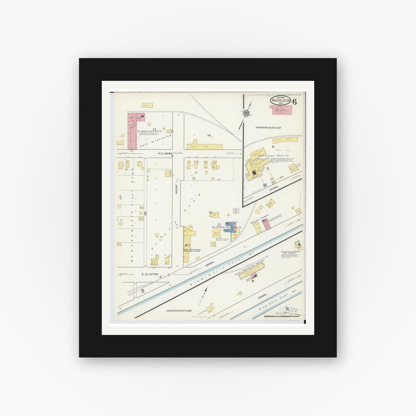 Old map wall art mockup — black gallery frame with white mat — Sanborn Fire Insurance Map from Napoleon, Henry County, Ohio (1916), Sheet #0006