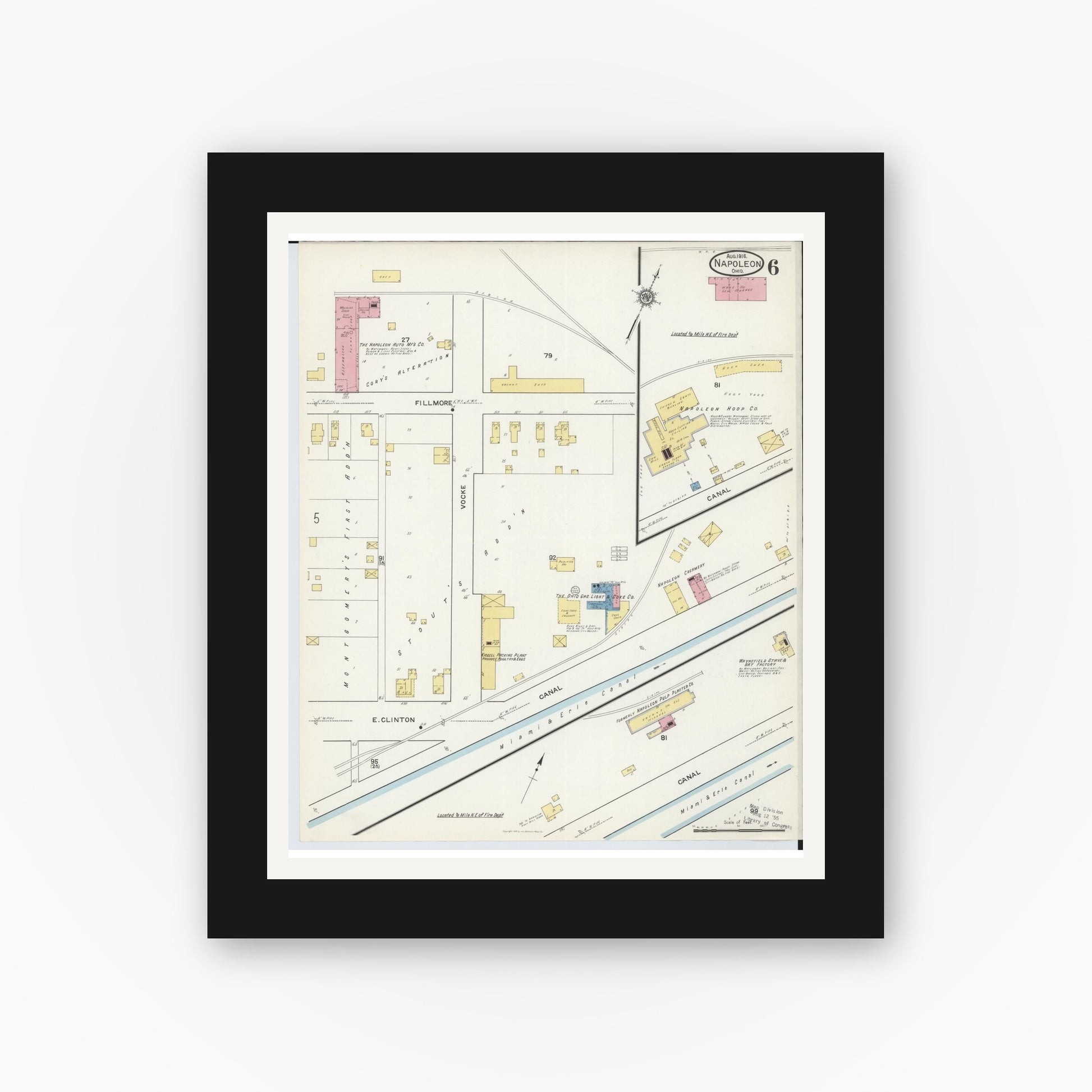 Old map wall art mockup — black gallery frame with white mat — Sanborn Fire Insurance Map from Napoleon, Henry County, Ohio (1916), Sheet #0006