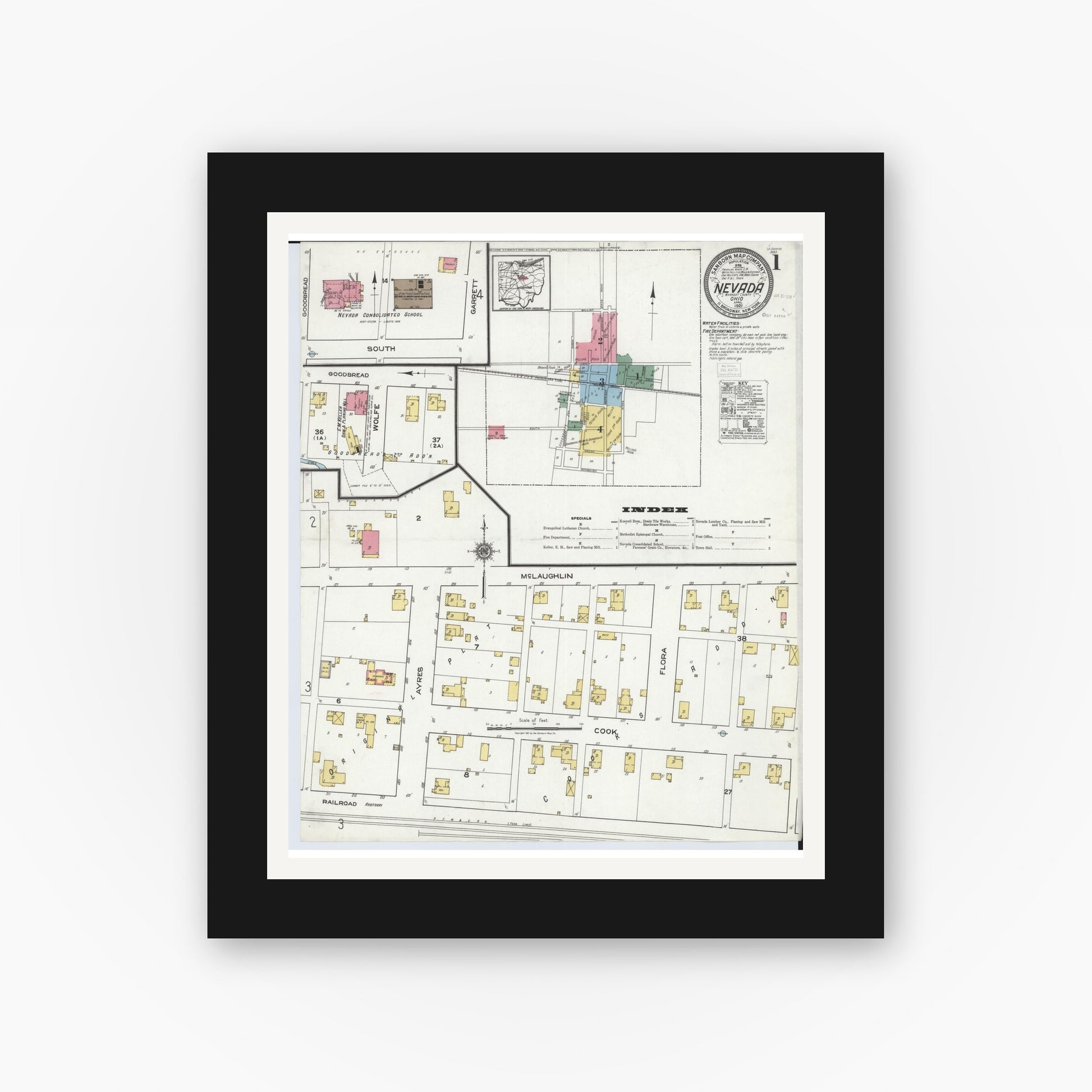 Old map wall art mockup — black gallery frame with white mat — Sanborn Fire Insurance Map from Nevada, Wyandot County, Ohio (1921) - Complete Map Set