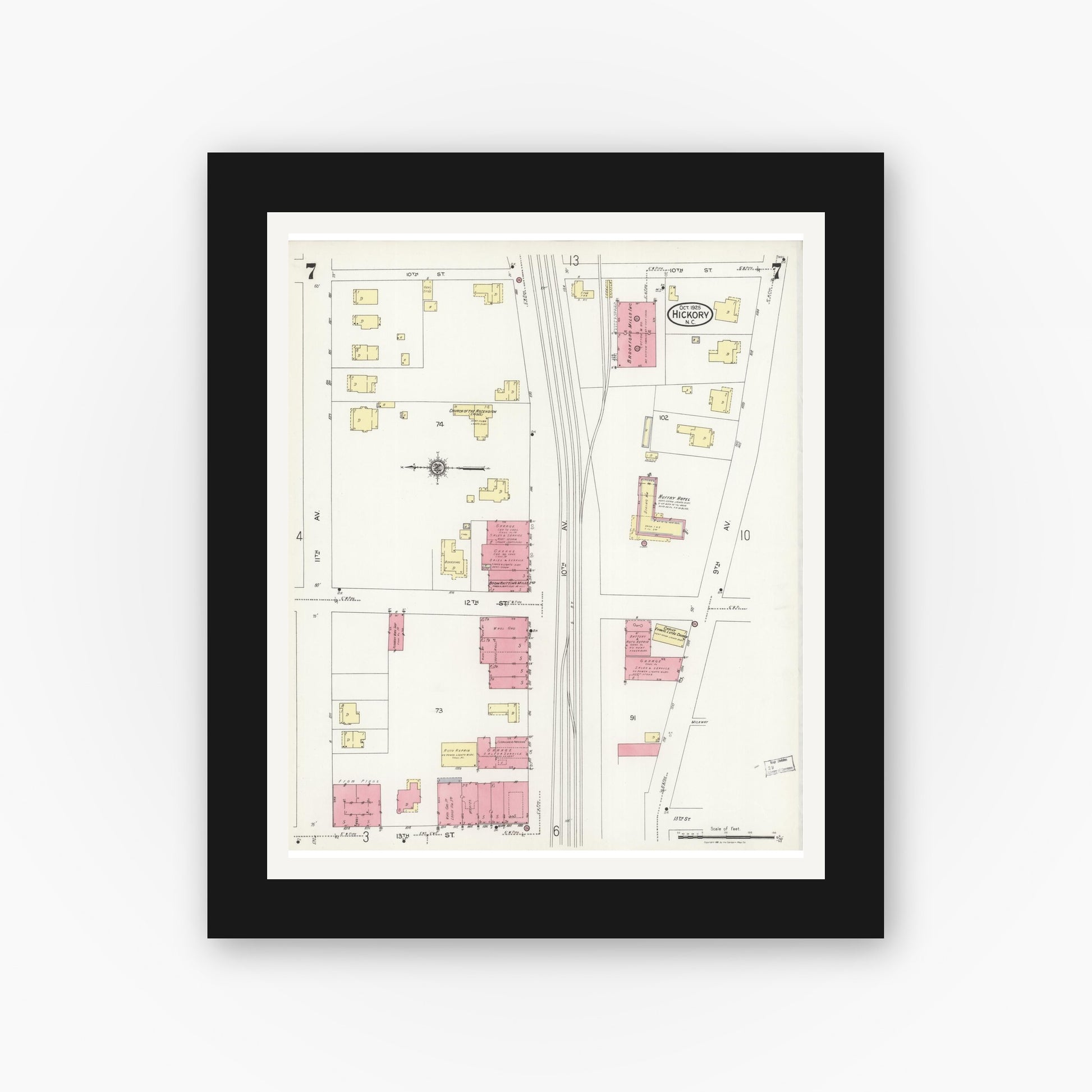 Old map wall art mockup — black gallery frame with white mat — Sanborn Fire Insurance Map from Hickory, Catawba County, North Carolina (1925), Sheet #0007