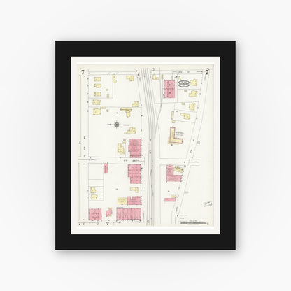 Old map wall art mockup — black gallery frame with white mat — Sanborn Fire Insurance Map from Hickory, Catawba County, North Carolina (1925), Sheet #0007