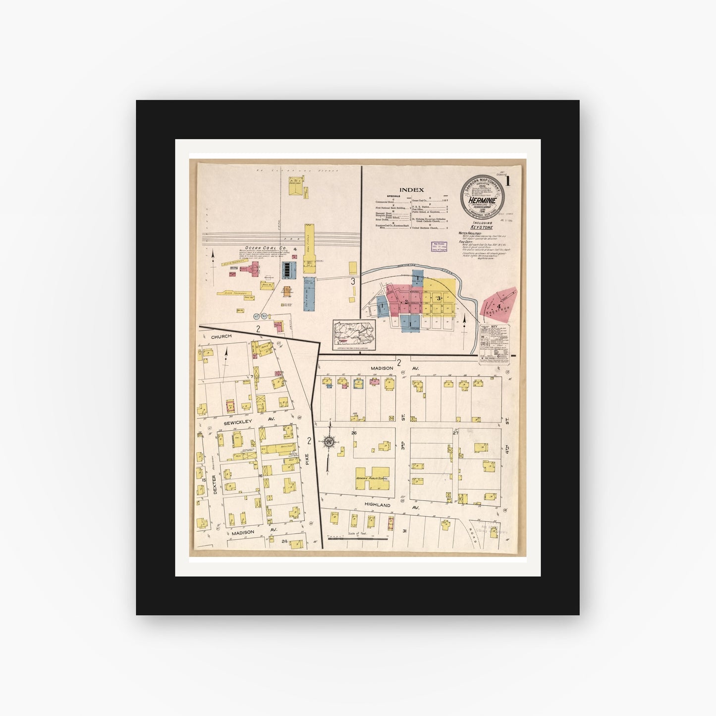 Old map wall art mockup — black gallery frame with white mat — Sanborn Fire Insurance Map from Herminie, Westmoreland County, Pennsylvania (1916), Sheet #0001