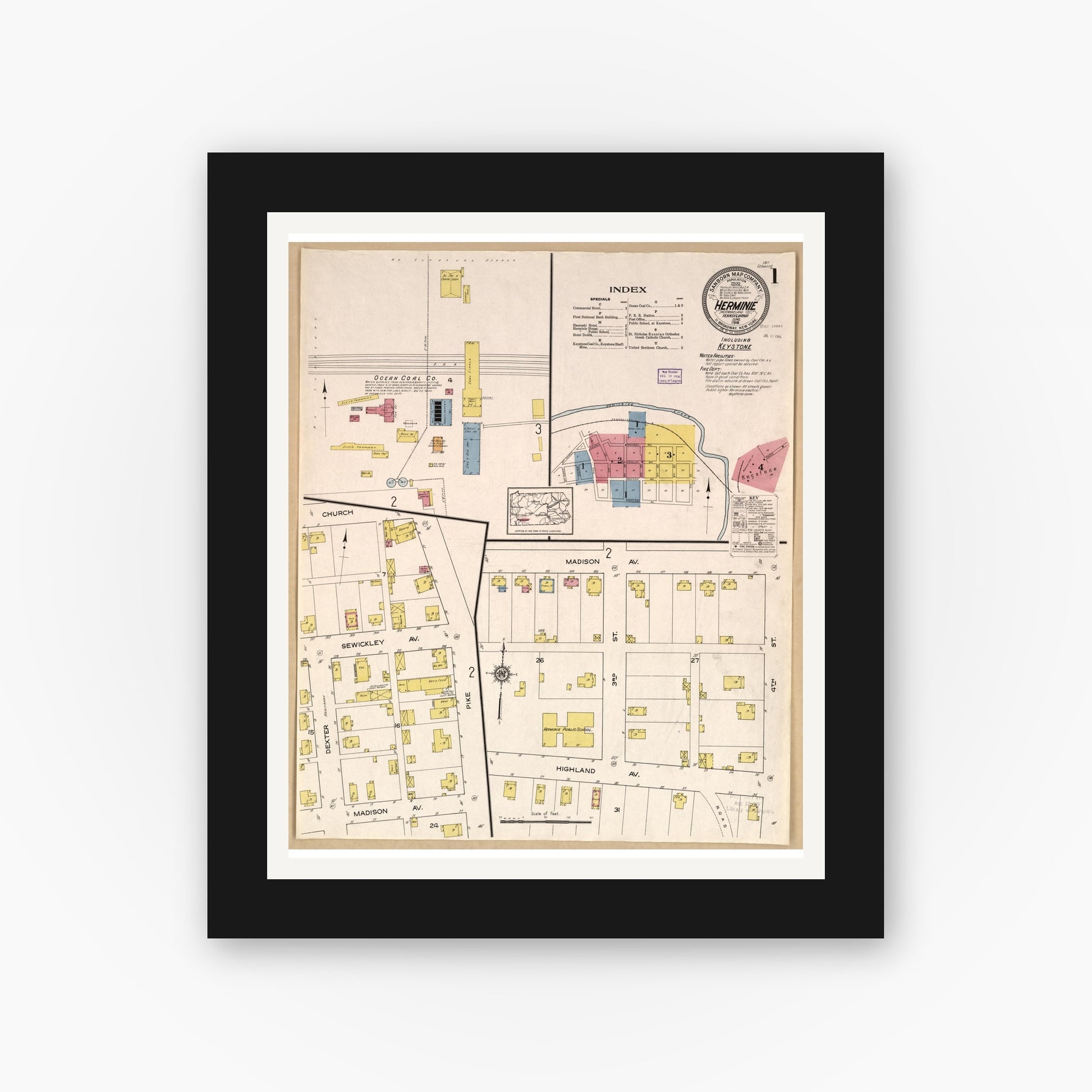 Old map wall art mockup — black gallery frame with white mat — Sanborn Fire Insurance Map from Herminie, Westmoreland County, Pennsylvania (1916), Sheet #0001