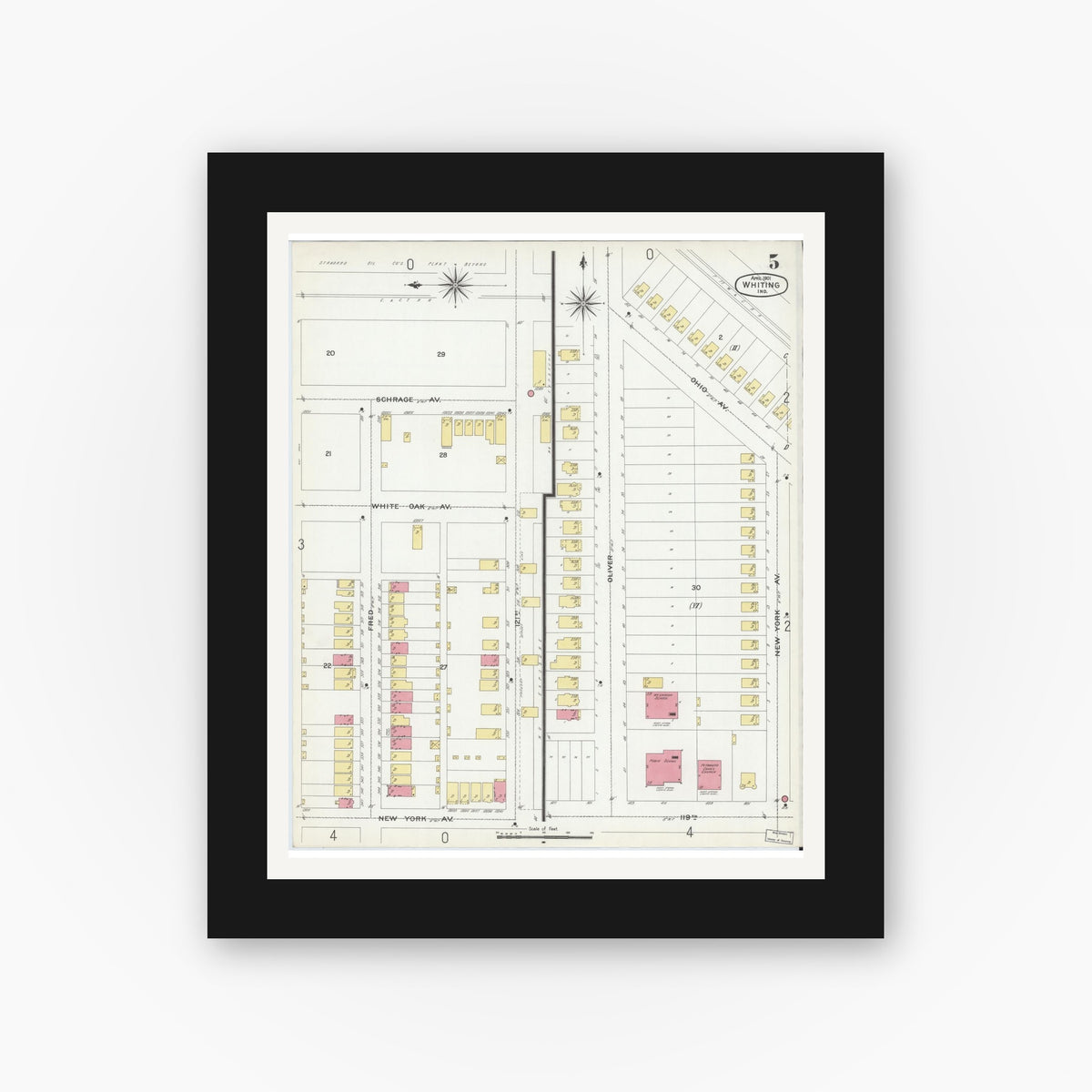 Old map wall art mockup — black gallery frame with white mat — Sanborn Fire Insurance Map from Whiting, Lake County, Indiana (1901), Sheet #0005