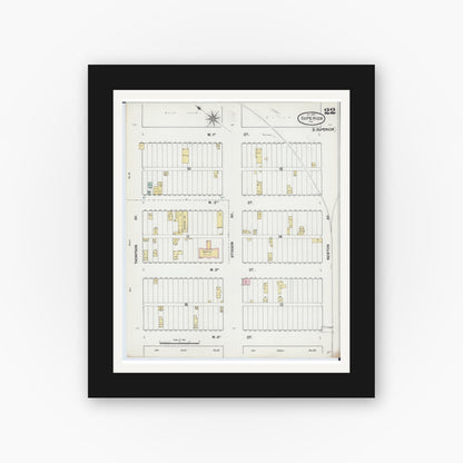 Old map wall art mockup — black gallery frame with white mat — Sanborn Fire Insurance Map from Superior, Douglas County, Wisconsin (1887), Sheet #0022