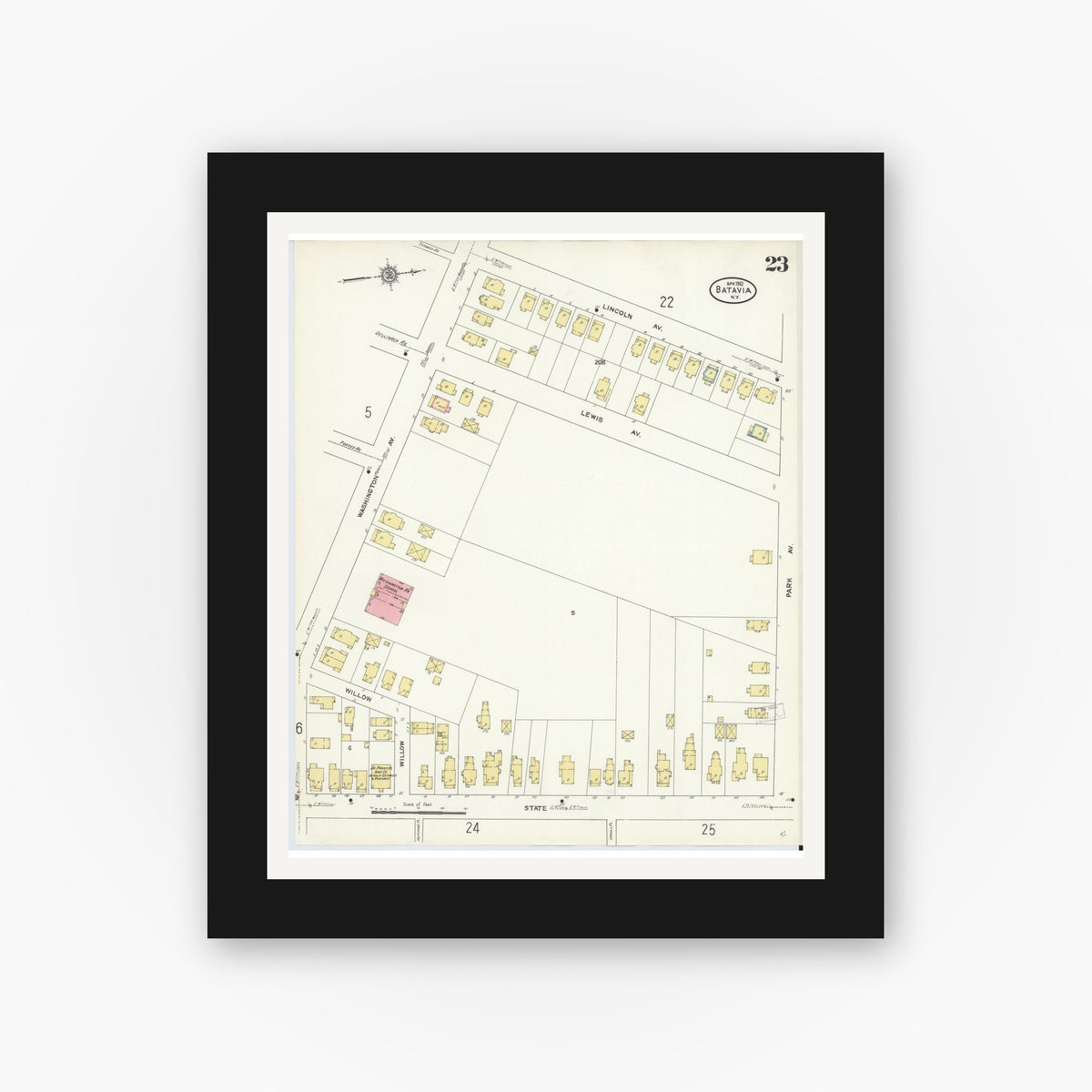 Old map wall art mockup — black gallery frame with white mat — Sanborn Fire Insurance Map from Batavia, Genesee County, New York (1912), Sheet #0023