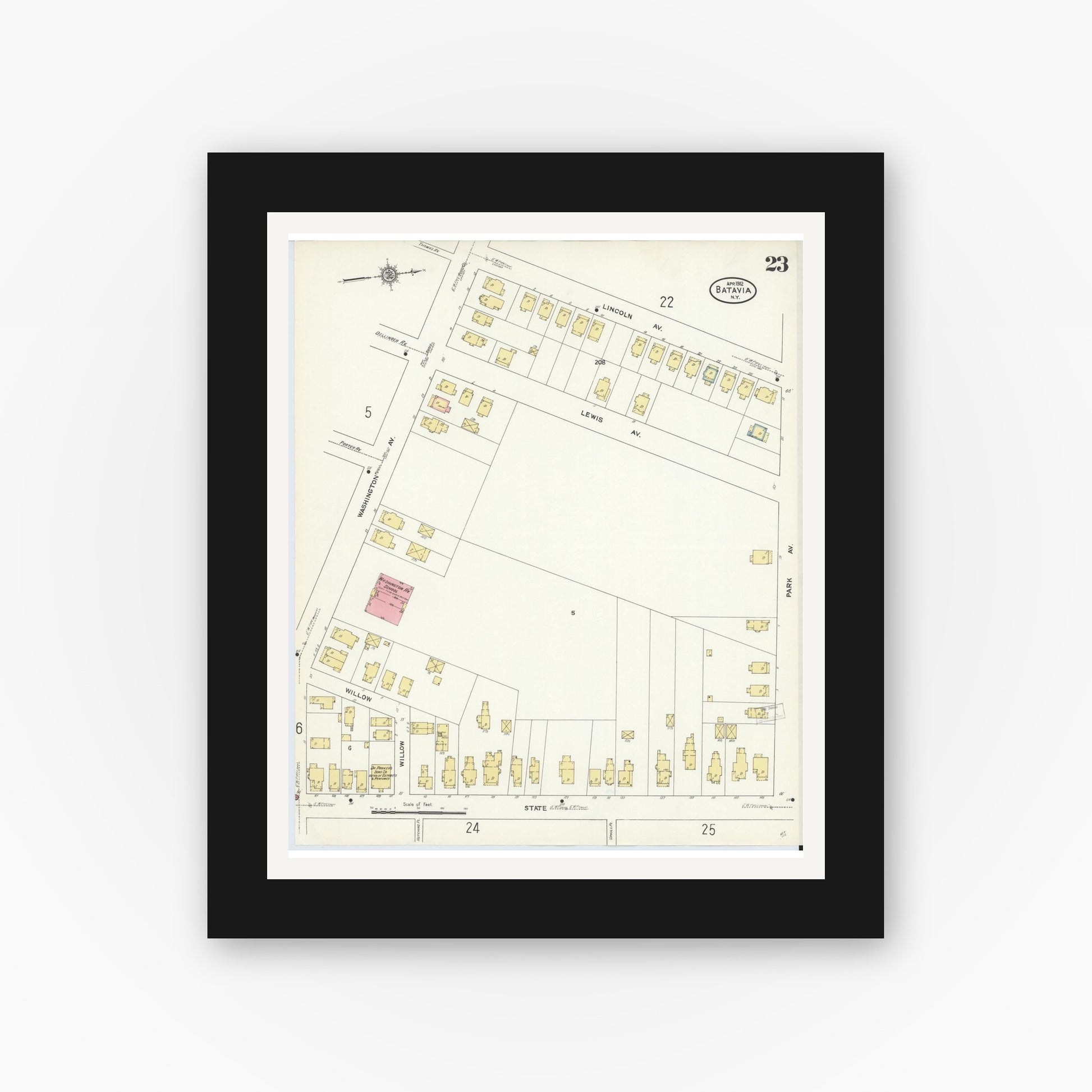 Old map wall art mockup — black gallery frame with white mat — Sanborn Fire Insurance Map from Batavia, Genesee County, New York (1912), Sheet #0023