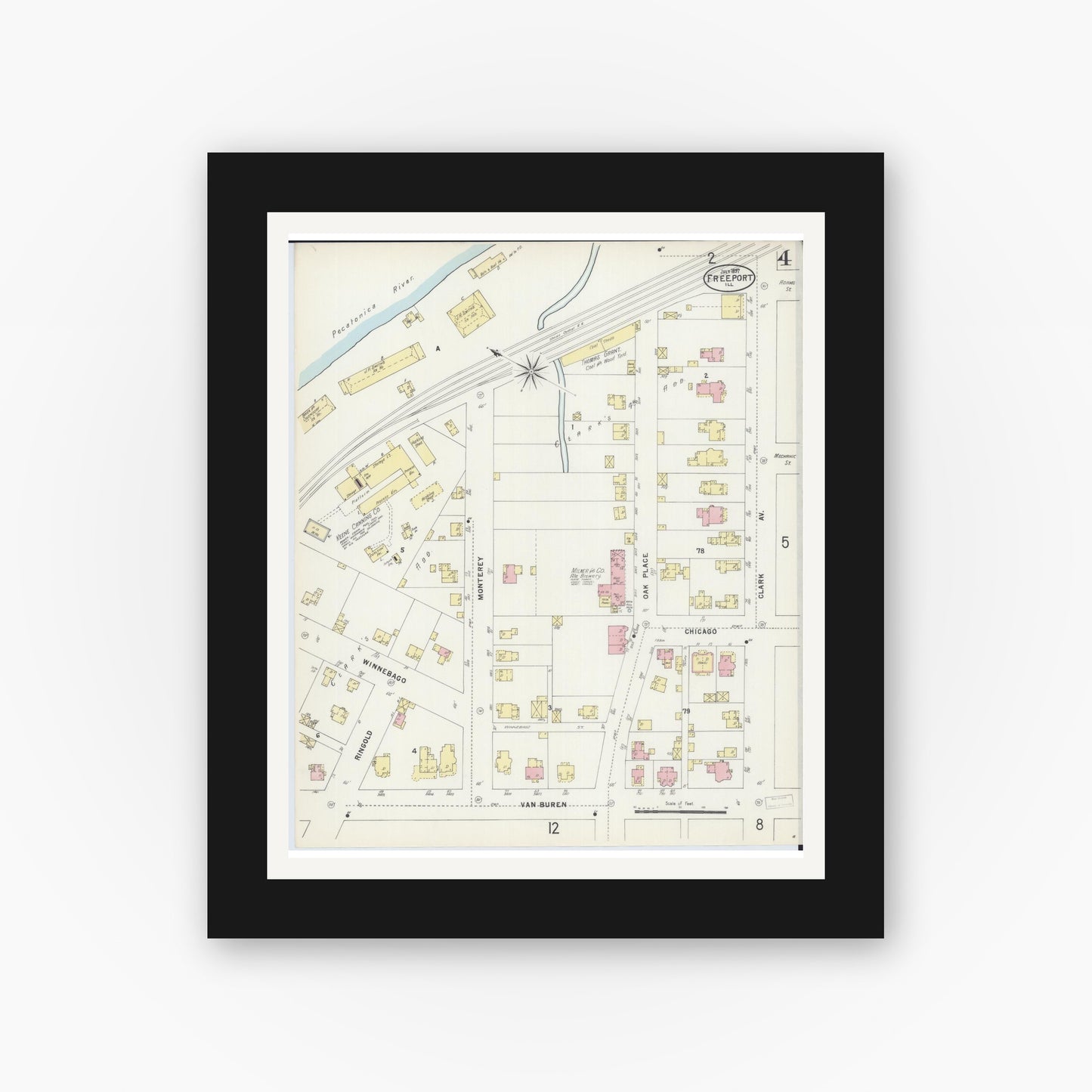 Old map wall art mockup — black gallery frame with white mat — Sanborn Fire Insurance Map from Freeport, Stephenson County, Illinois (1897), Sheet #0004