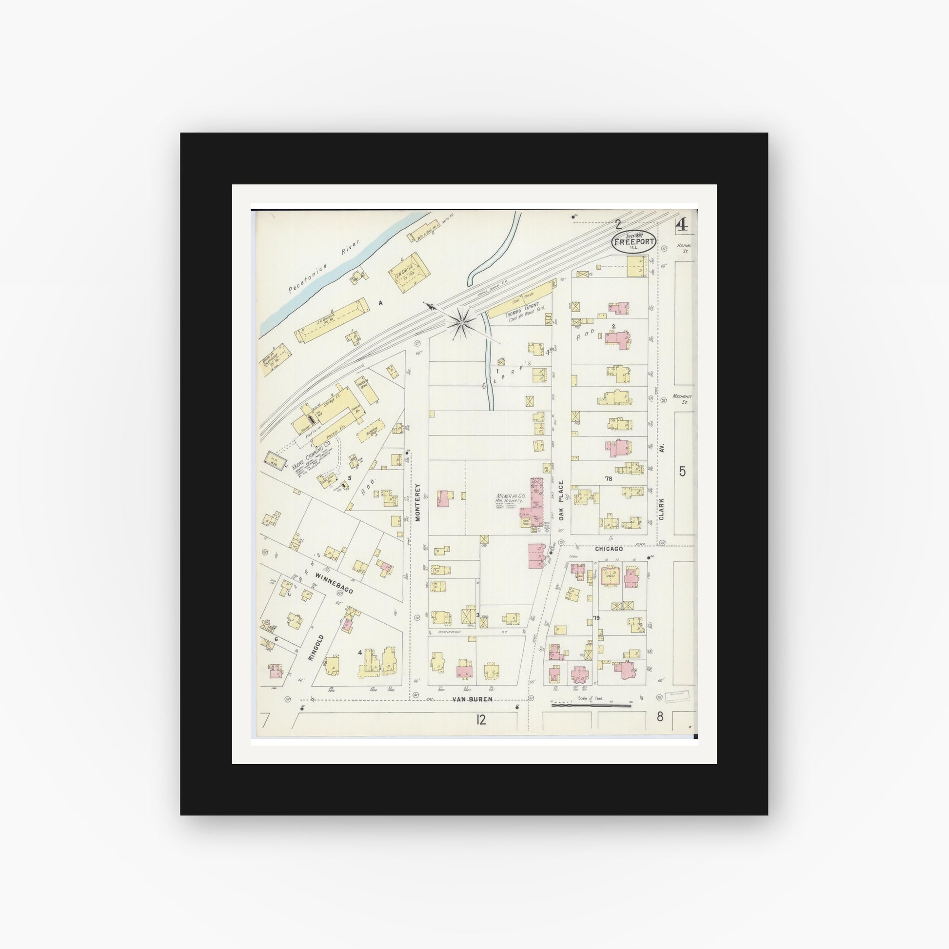 Old map wall art mockup — black gallery frame with white mat — Sanborn Fire Insurance Map from Freeport, Stephenson County, Illinois (1897), Sheet #0004