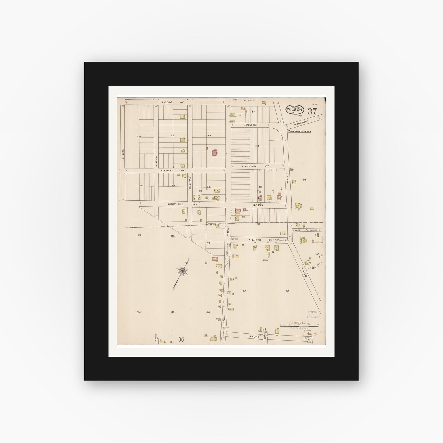 Old map wall art mockup — black gallery frame with white mat — Sanborn Fire Insurance Map from Wilson, Wilson County, North Carolina (1922), Sheet #0037