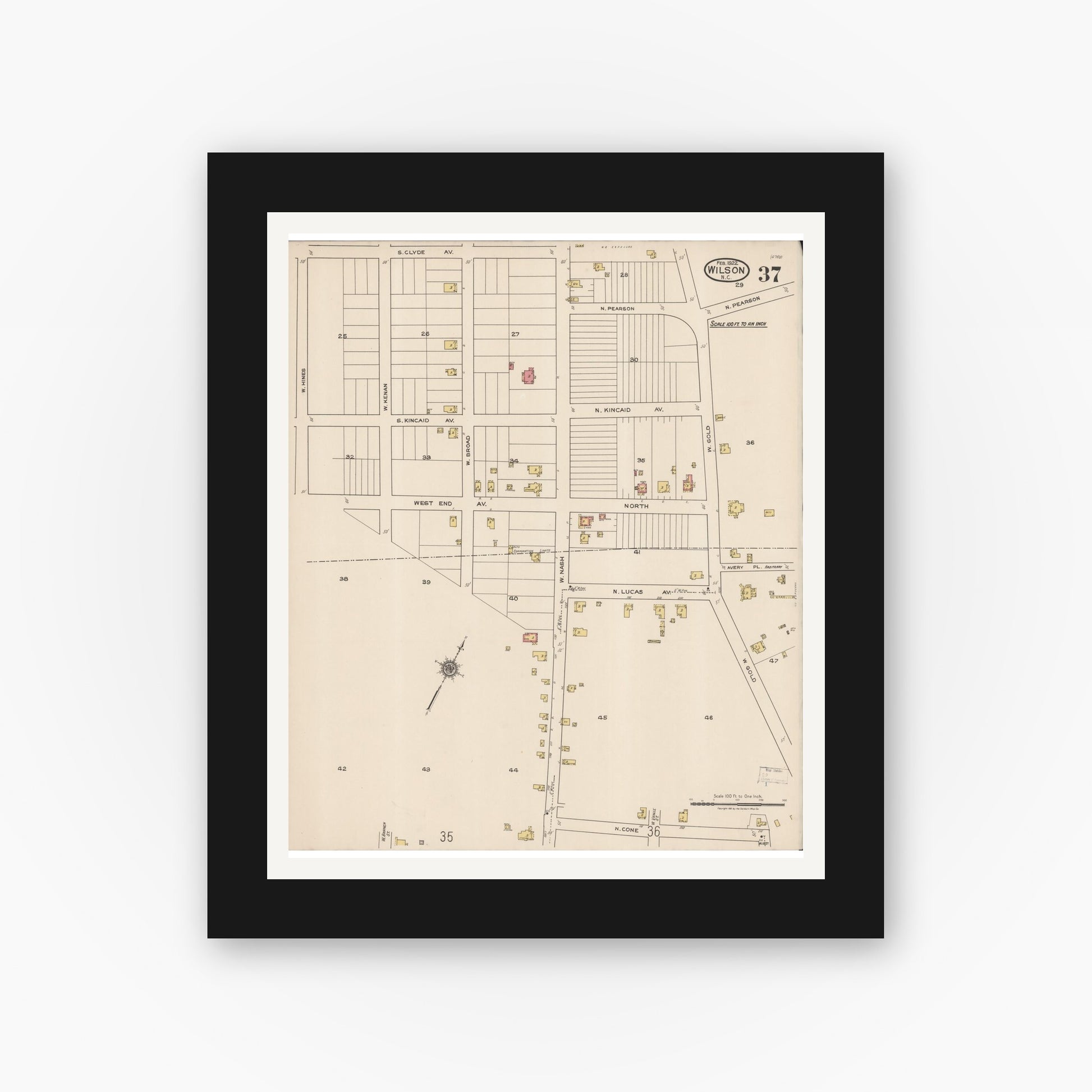 Old map wall art mockup — black gallery frame with white mat — Sanborn Fire Insurance Map from Wilson, Wilson County, North Carolina (1922), Sheet #0037