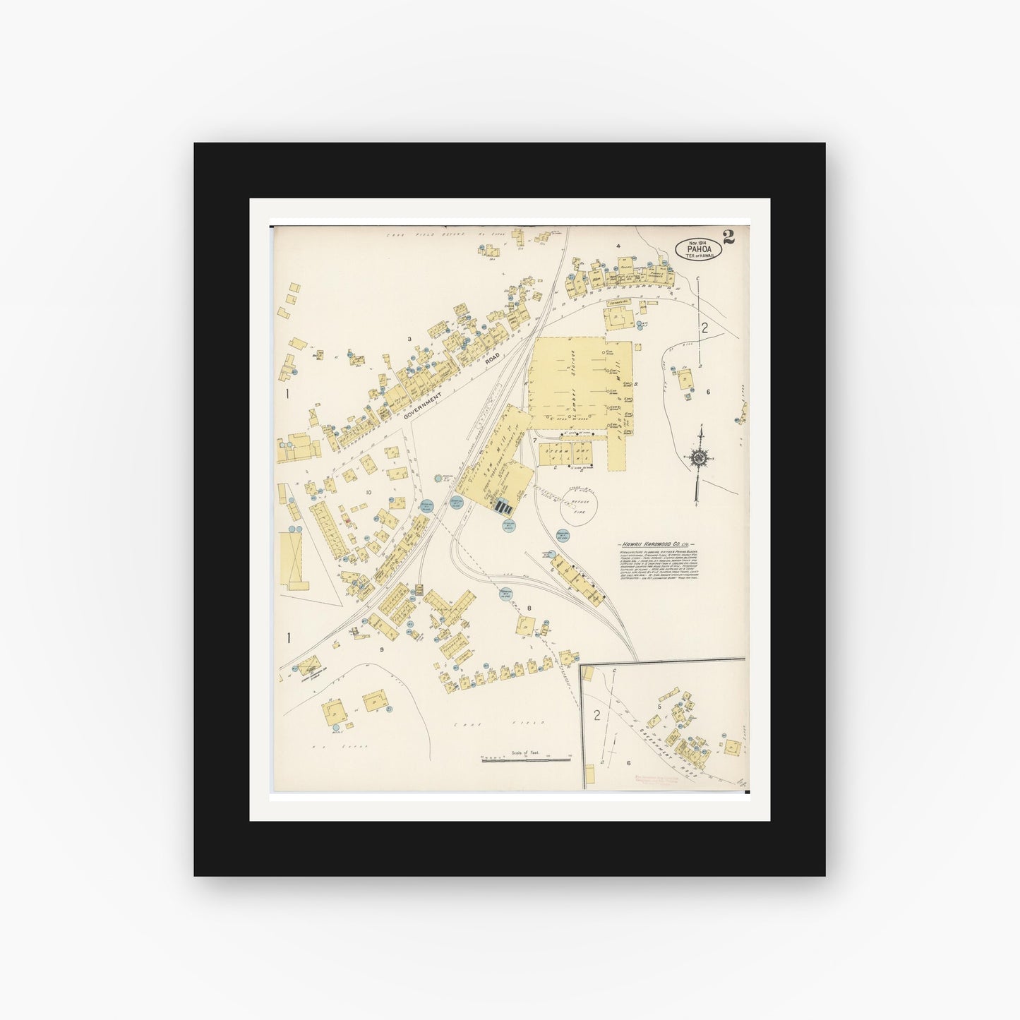 Old map wall art mockup — black gallery frame with white mat — Sanborn Fire Insurance Map from Pahoa, Hawaii County, Hawaii (1914), Sheet #0002