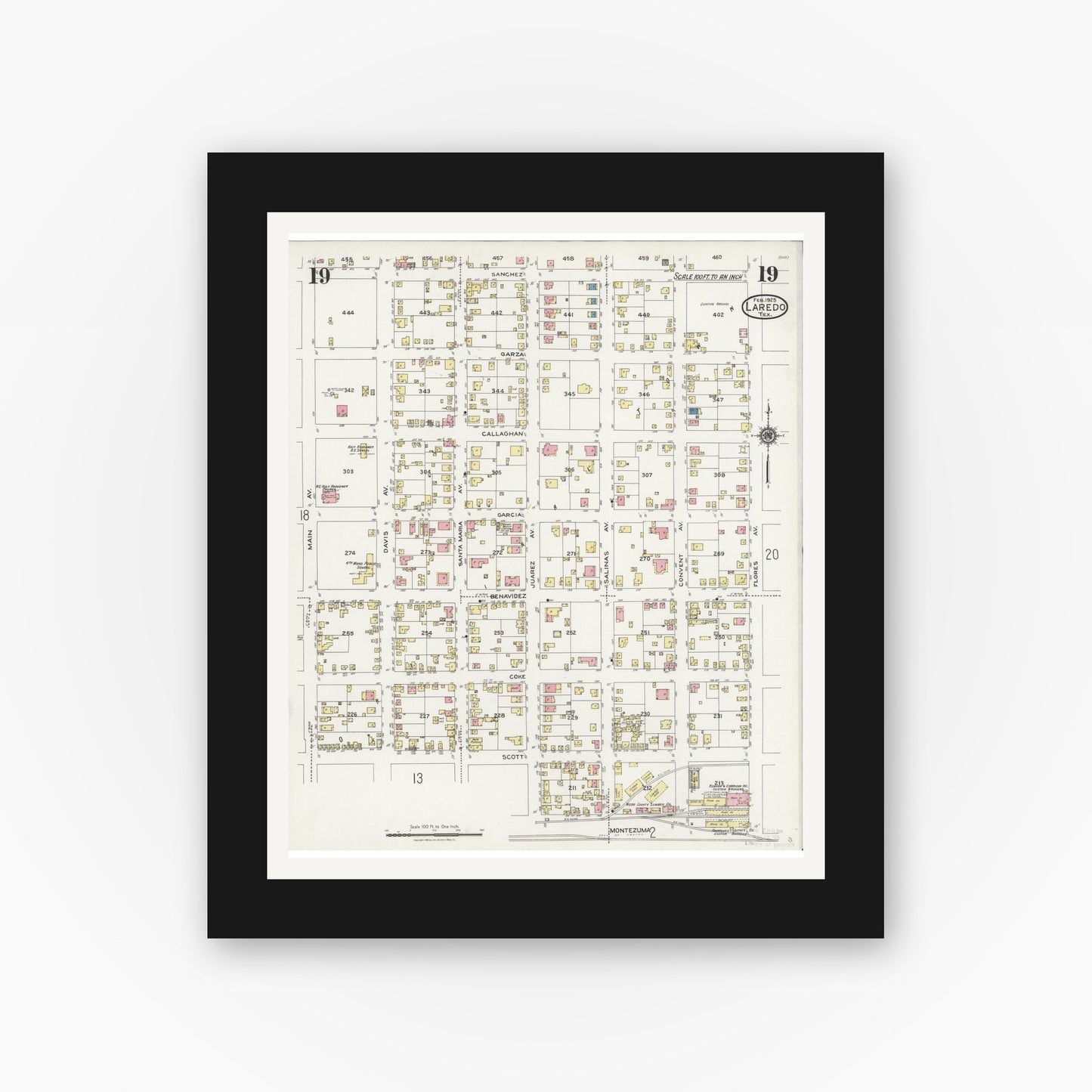 Old map wall art mockup — black gallery frame with white mat — Sanborn Fire Insurance Map from Laredo, Webb County, Texas (1925), Sheet #0019