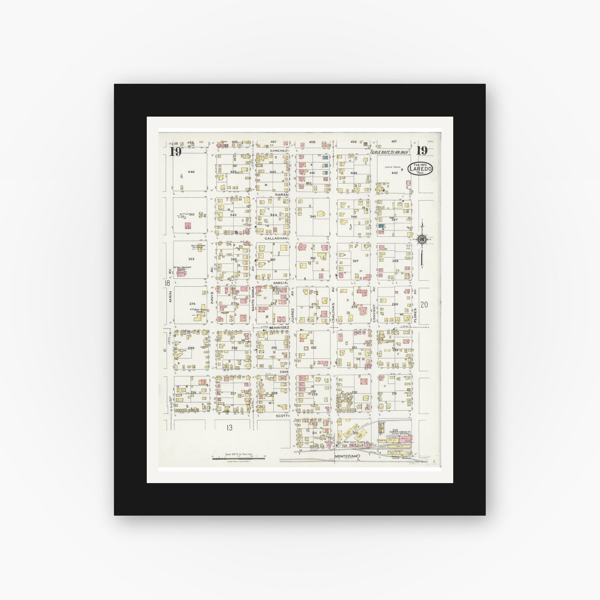 Old map wall art mockup — black gallery frame with white mat — Sanborn Fire Insurance Map from Laredo, Webb County, Texas (1925), Sheet #0019