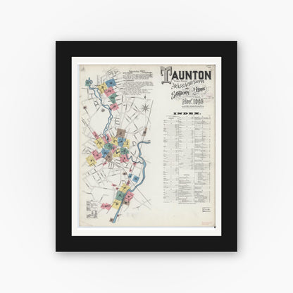 Old map wall art mockup — black gallery frame with white mat — Sanborn Fire Insurance Map from Taunton, Bristol County, Massachusetts (1893), Sheet #0001