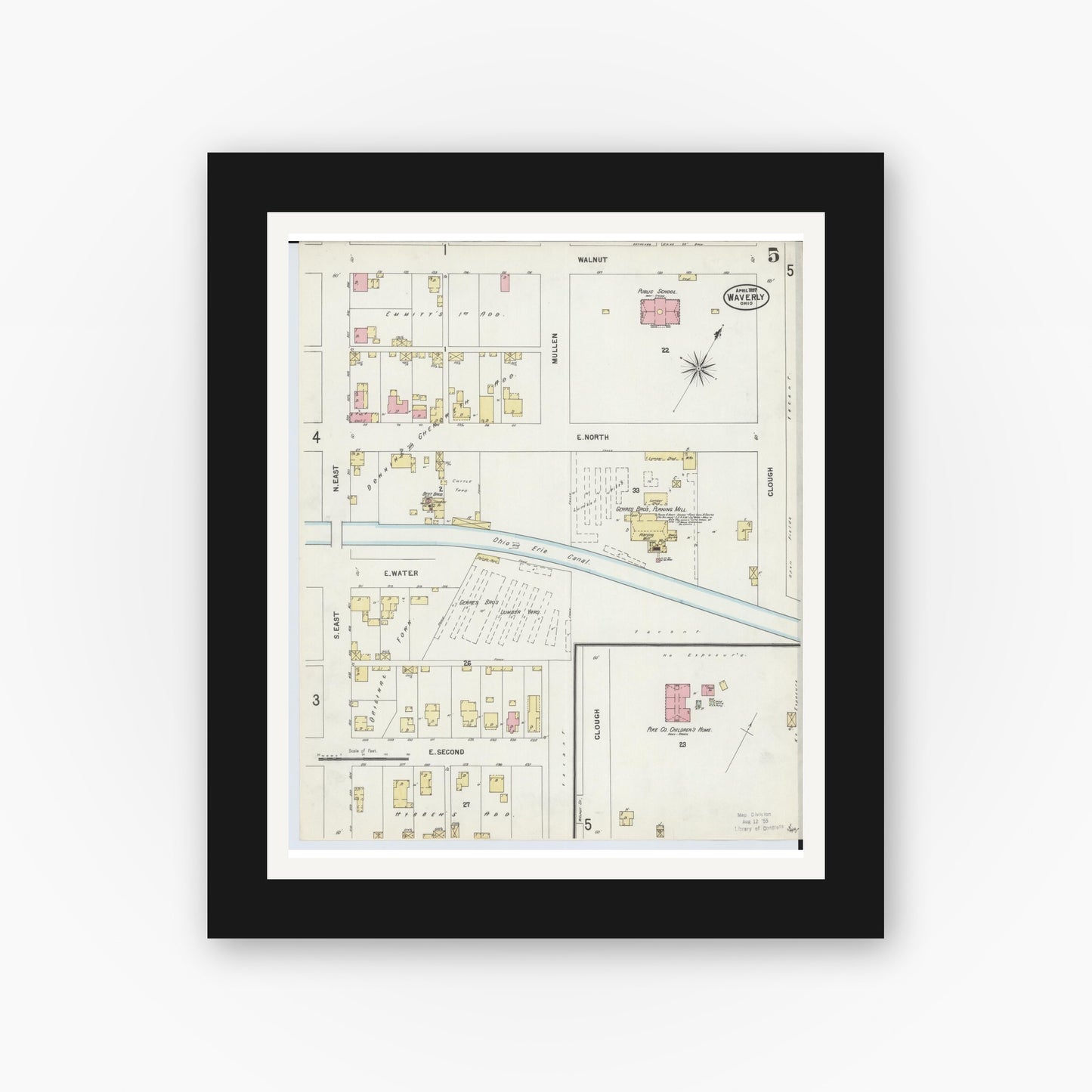 Old map wall art mockup — black gallery frame with white mat — Sanborn Fire Insurance Map from Waverly, Pike County, Ohio (1897), Sheet #0005