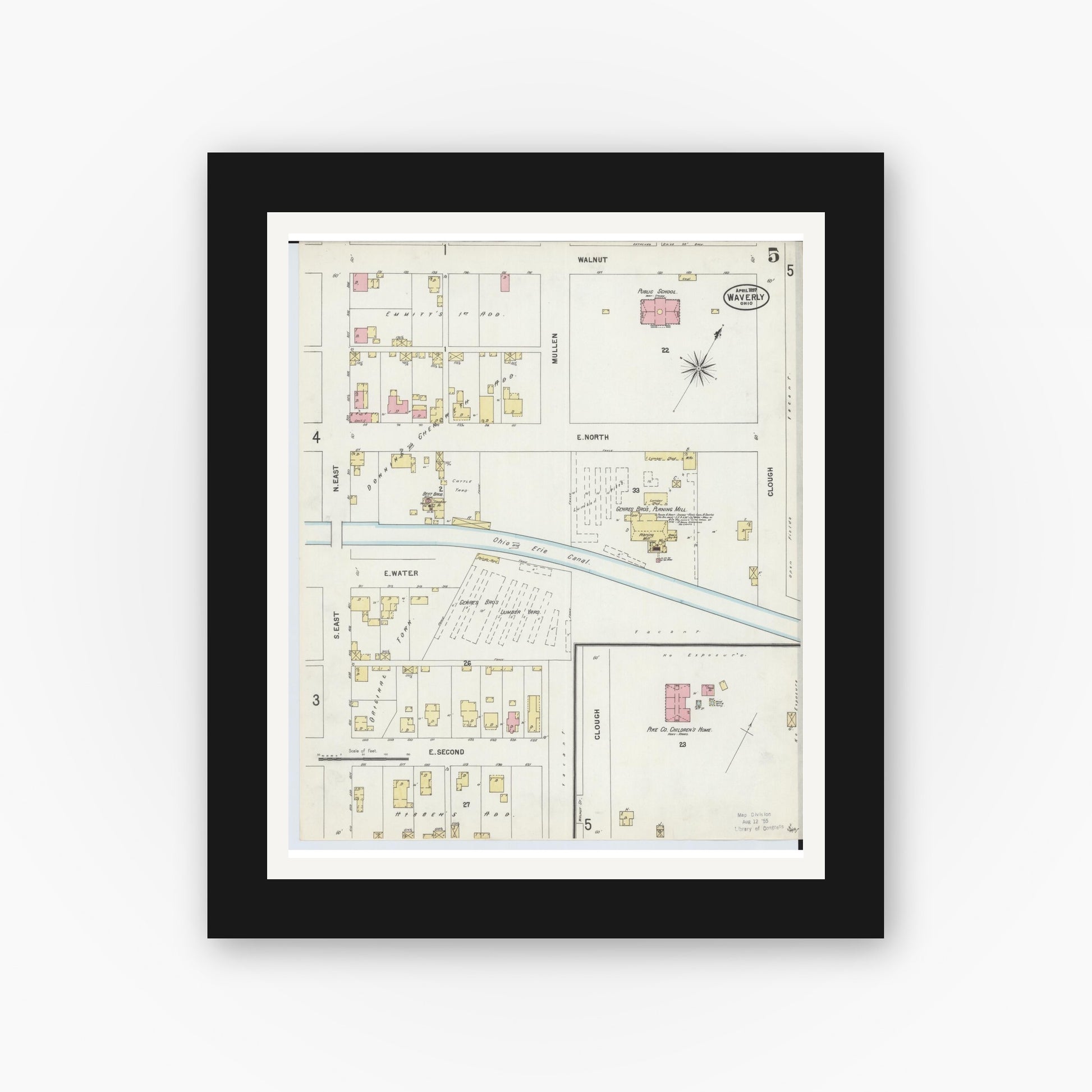 Old map wall art mockup — black gallery frame with white mat — Sanborn Fire Insurance Map from Waverly, Pike County, Ohio (1897), Sheet #0005