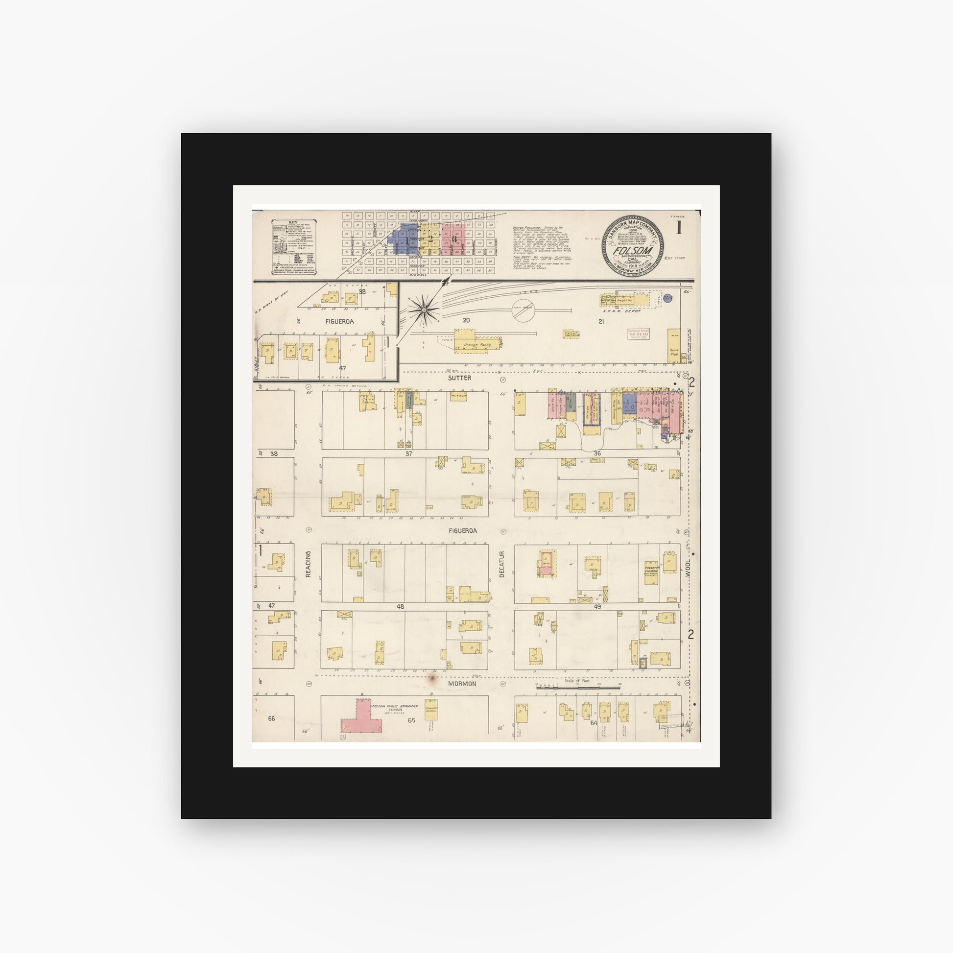 Old map wall art mockup — black gallery frame with white mat — Sanborn Fire Insurance Map from Folsom, Sacramento County, California (1910) - Complete Map Set