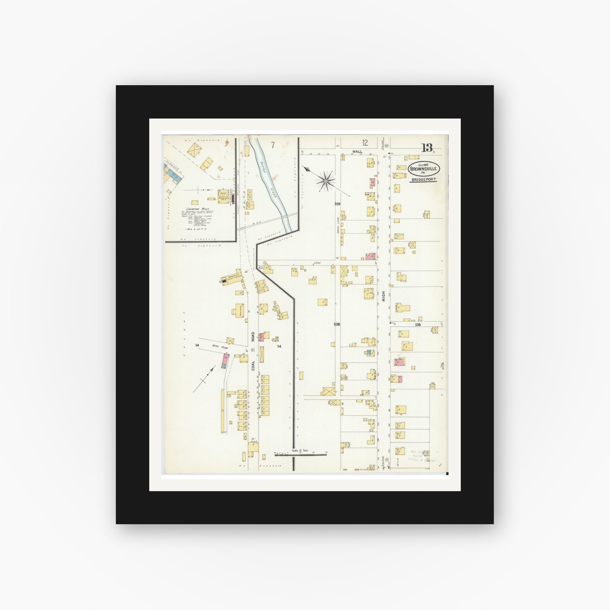 Old map wall art mockup — black gallery frame with white mat — Sanborn Fire Insurance Map from Brownsville, Fayette County, Pennsylvania (1907), Sheet #0013