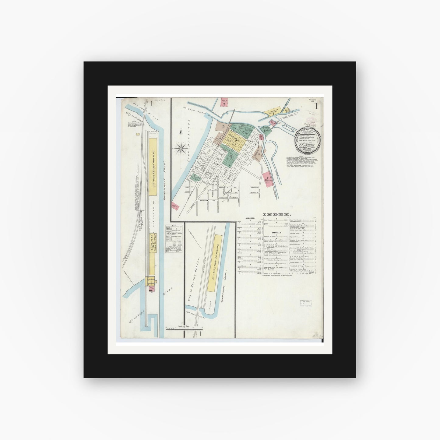 Old map wall art mockup — black gallery frame with white mat — Sanborn Fire Insurance Map from Saint Joseph, Berrien County, Michigan (1896) - Complete Map Set