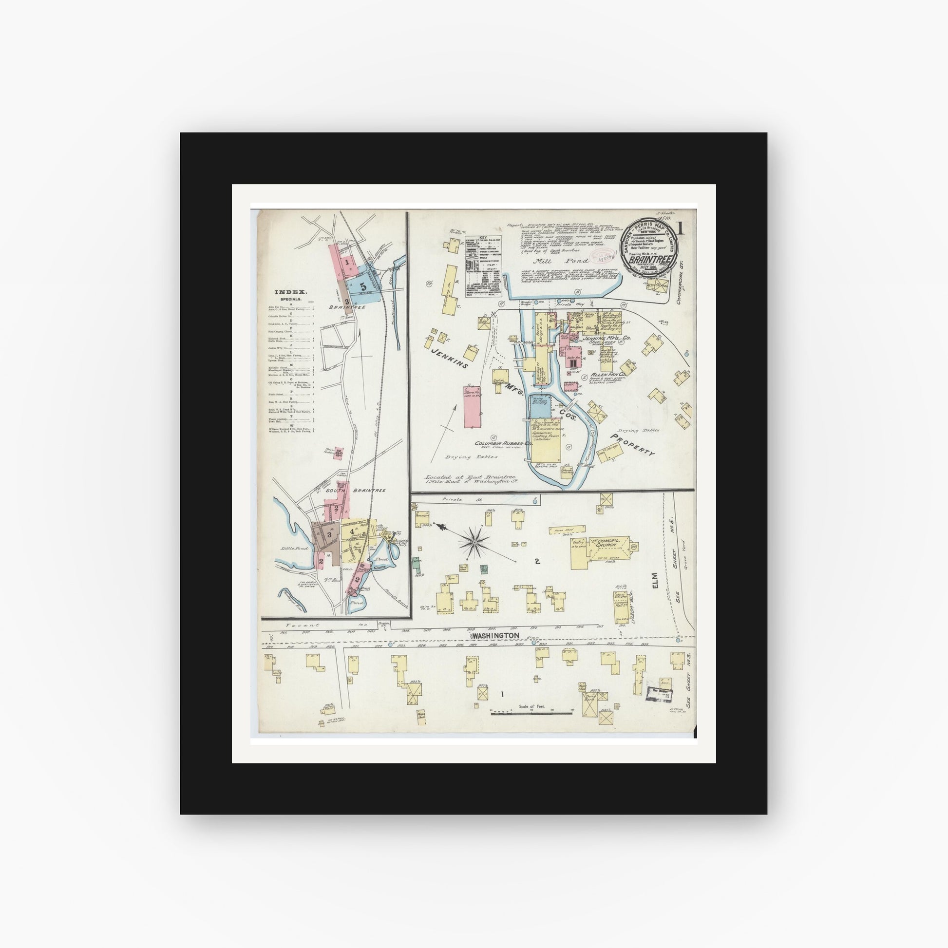 Old map wall art mockup — black gallery frame with white mat — Sanborn Fire Insurance Map from Braintree, Norfolk County, Massachusetts (1891) - Complete Map Set