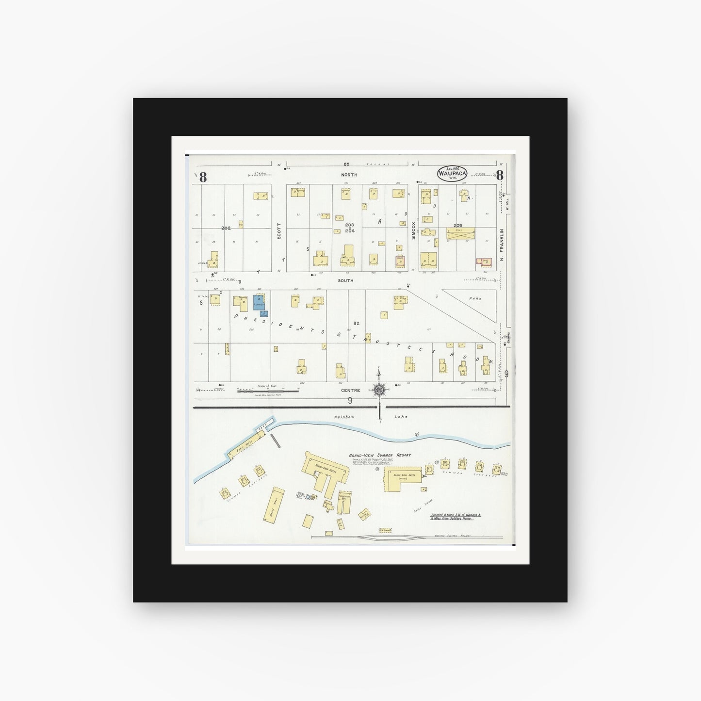 Old map wall art mockup — black gallery frame with white mat — Sanborn Fire Insurance Map from Waupaca, Waupaca County, Wisconsin (1924), Sheet #0008